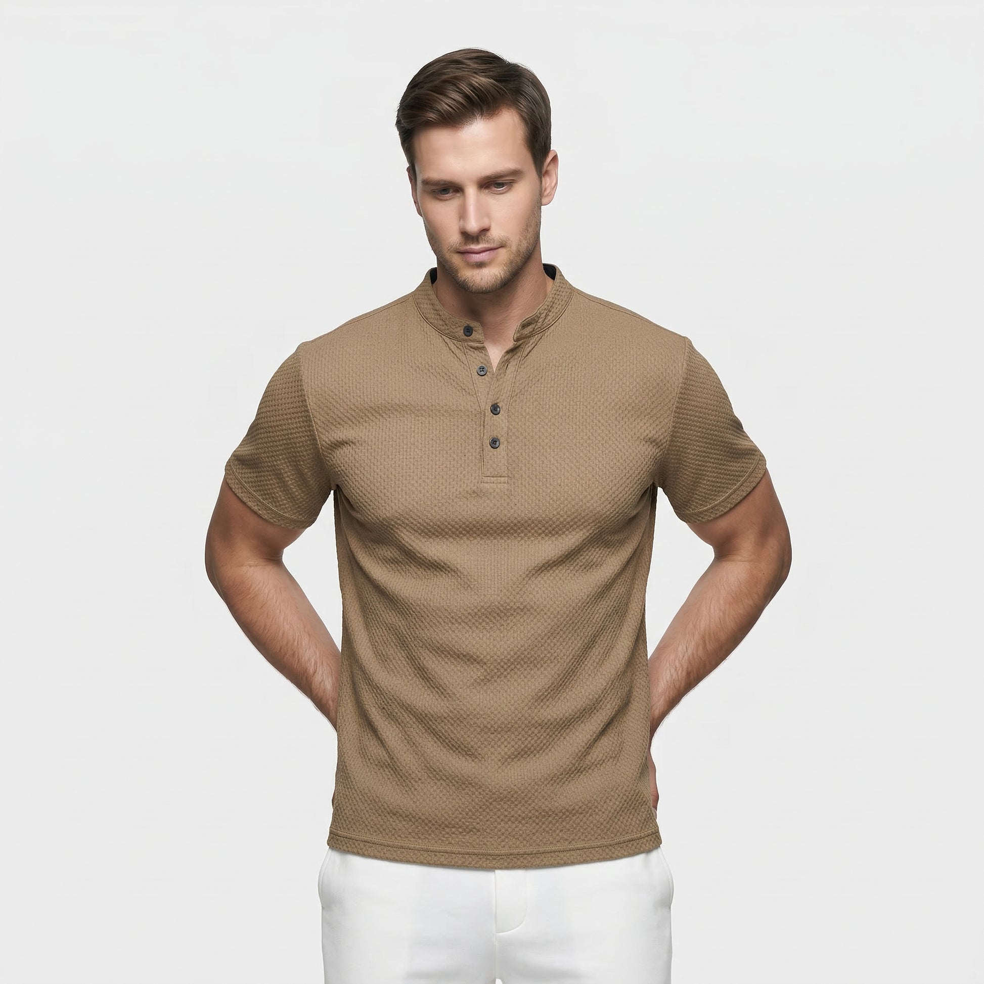 T-shirt Henley Homme Manches Courtes Col Officier Texture Structurée