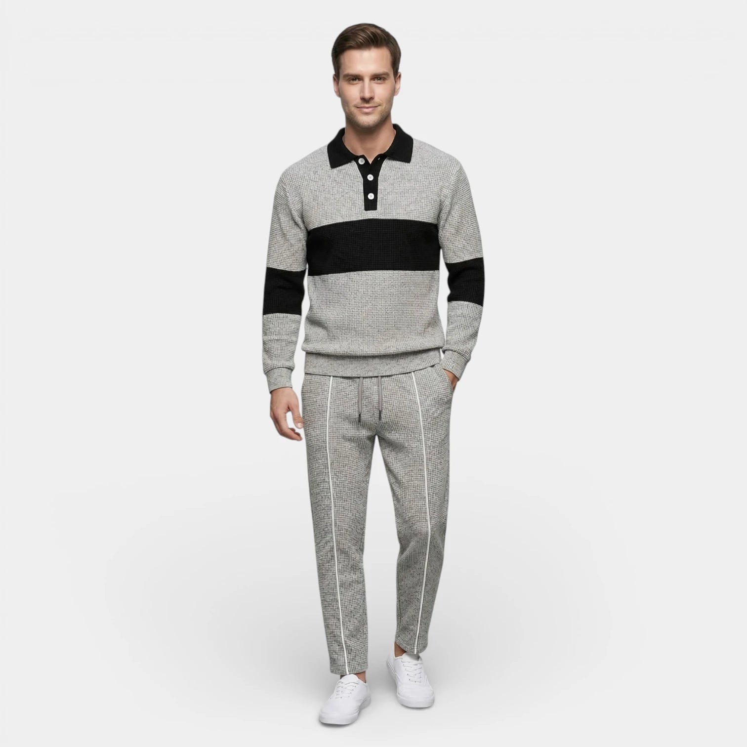 Ensemble Homme Polo Texturé Côtelé et Pantalon à Cordon Color Block