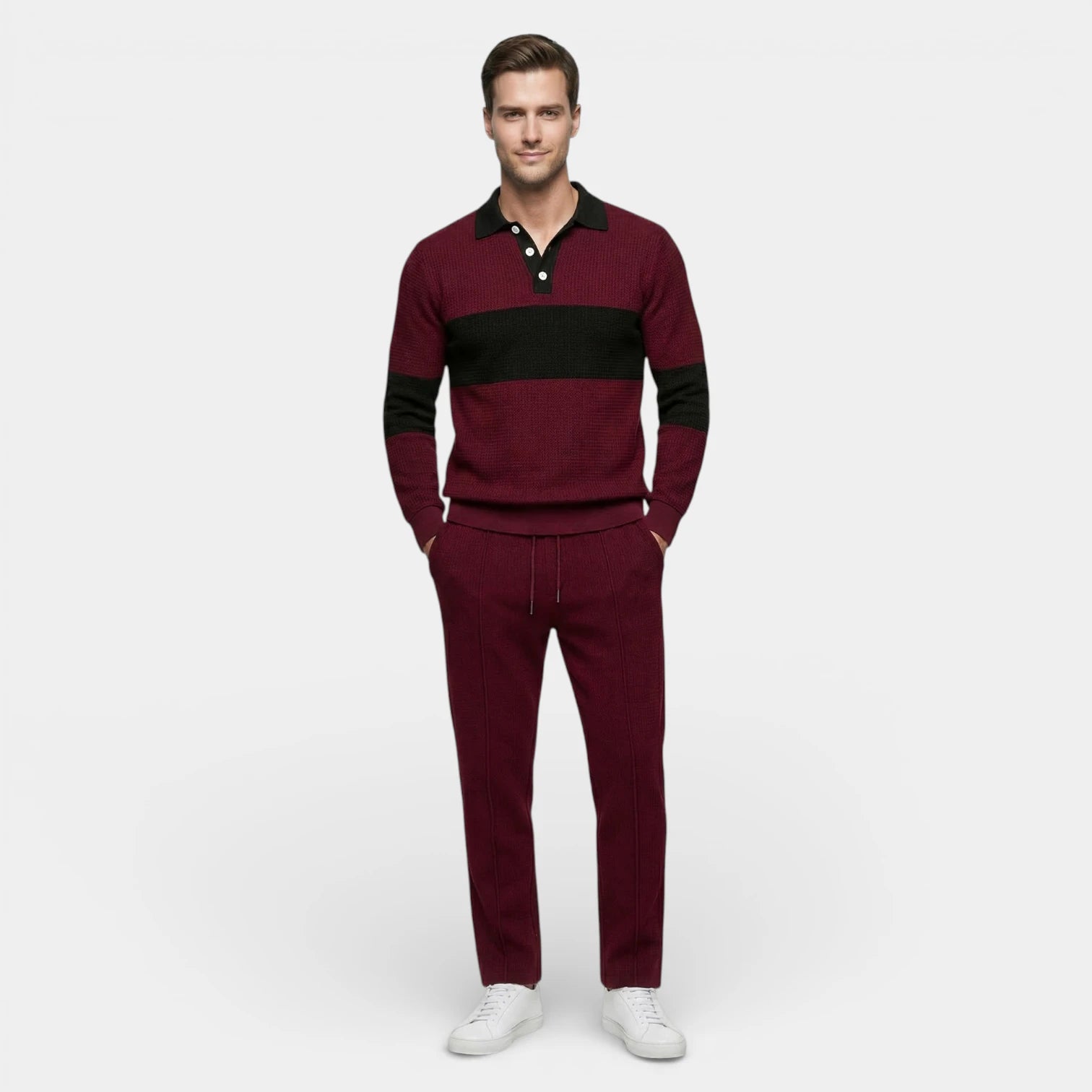 Ensemble Homme Polo Texturé Côtelé et Pantalon à Cordon Color Block