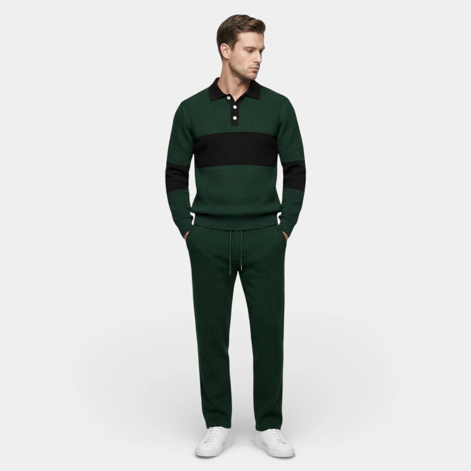Ensemble Homme Polo Texturé Côtelé et Pantalon à Cordon Color Block