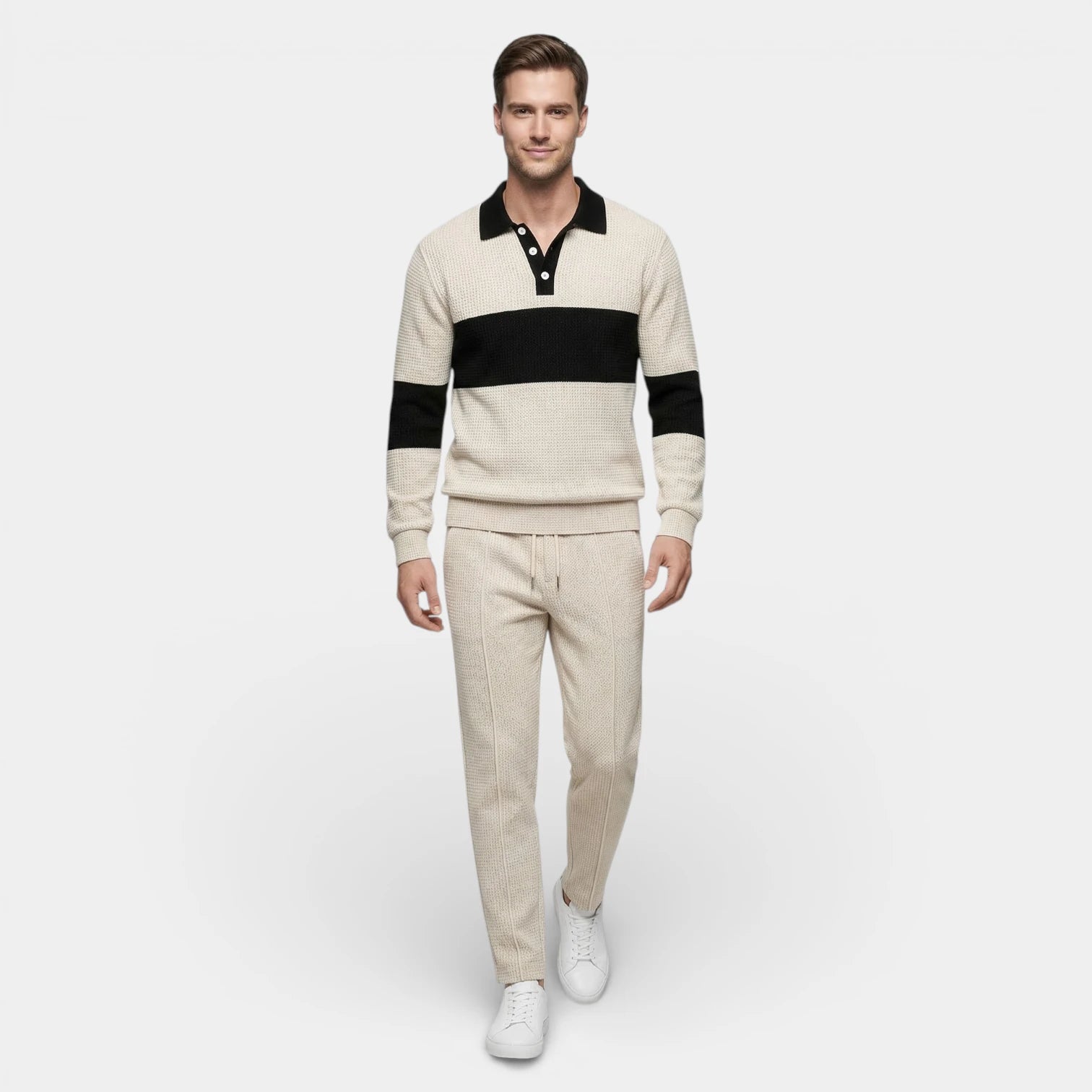 Ensemble Homme Polo Texturé Côtelé et Pantalon à Cordon Color Block