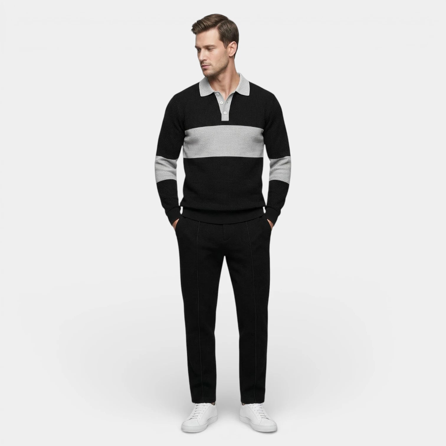 Ensemble Homme Polo Texturé Côtelé et Pantalon à Cordon Color Block