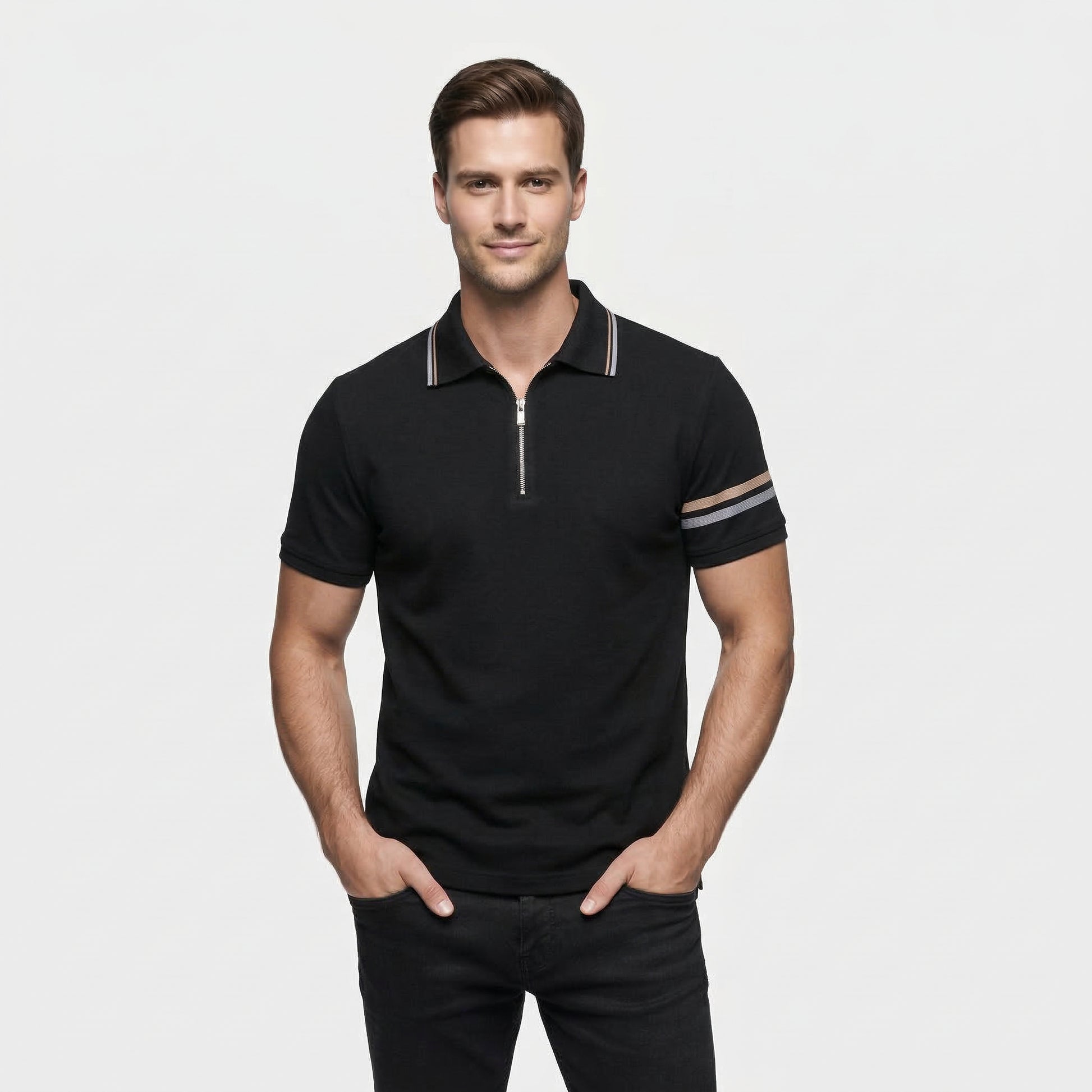 Men's Striped Short-Sleeve Half-Zip Polo