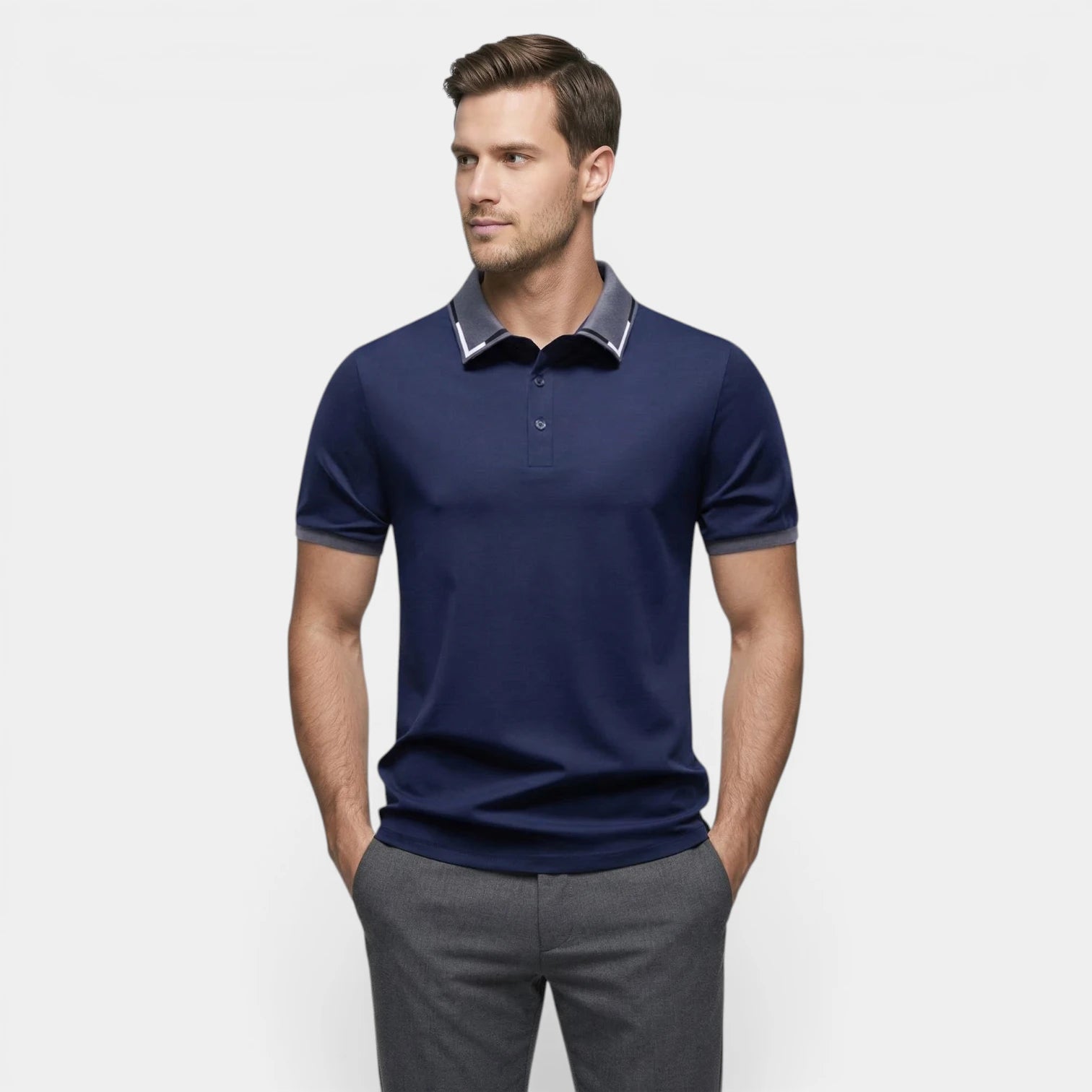 Men's Short-Sleeve Button-Up Polo Shirt with Contrast Collar Regular Fit