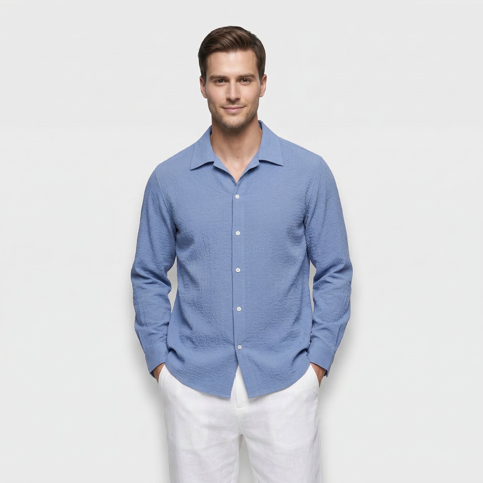 Men's Textured Long-Sleeved Button-Down Shirt