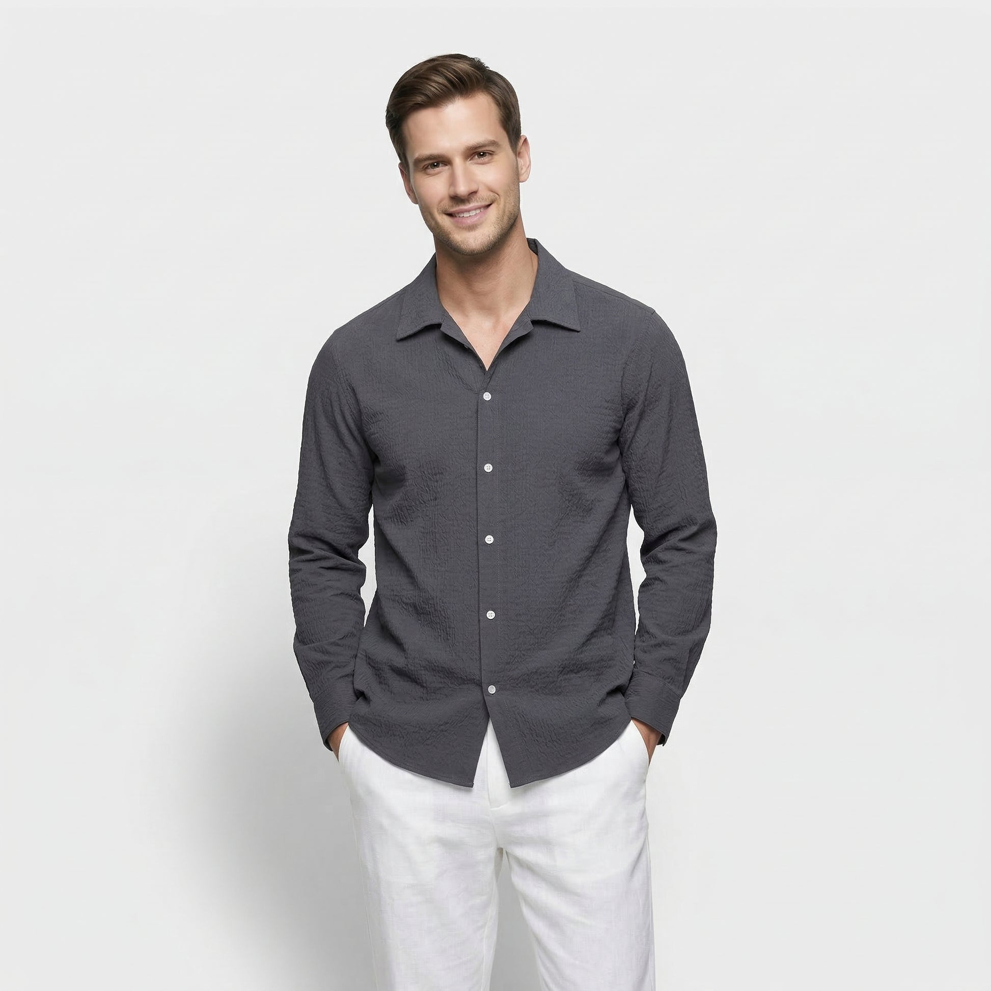 Men's Textured Long-Sleeved Button-Down Shirt
