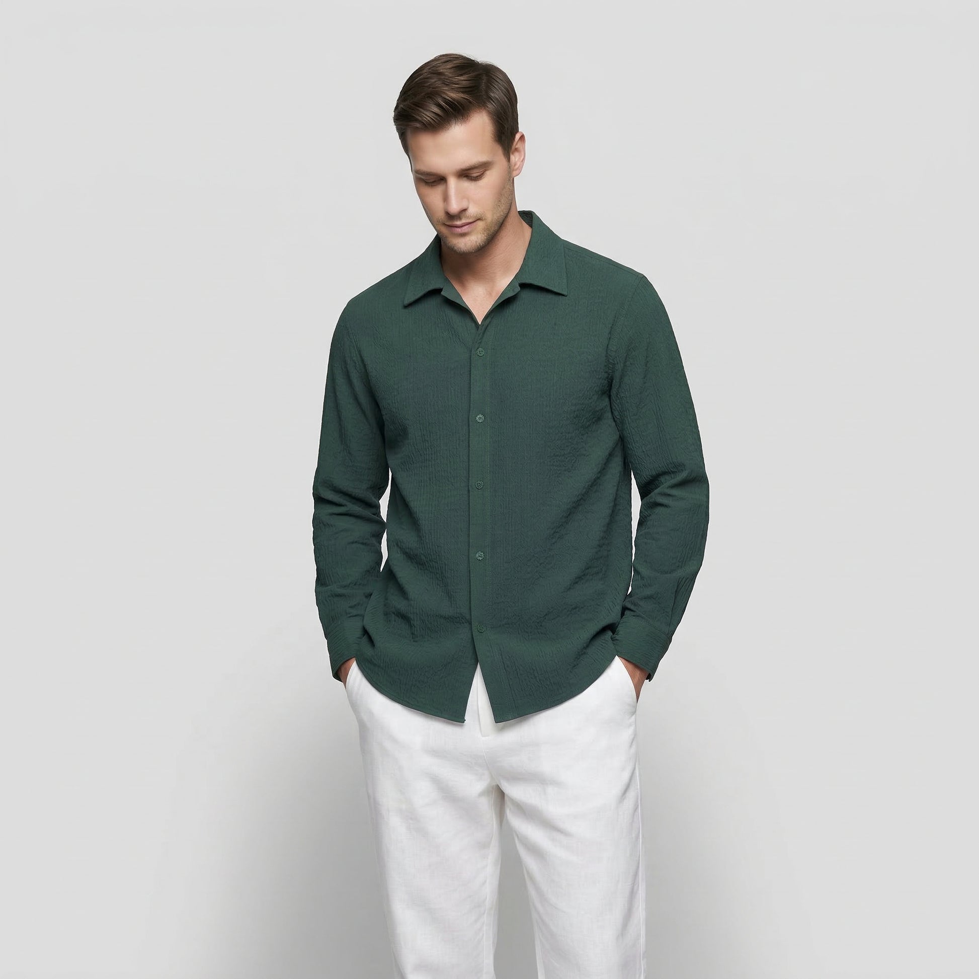 Men's Textured Long-Sleeved Button-Down Shirt