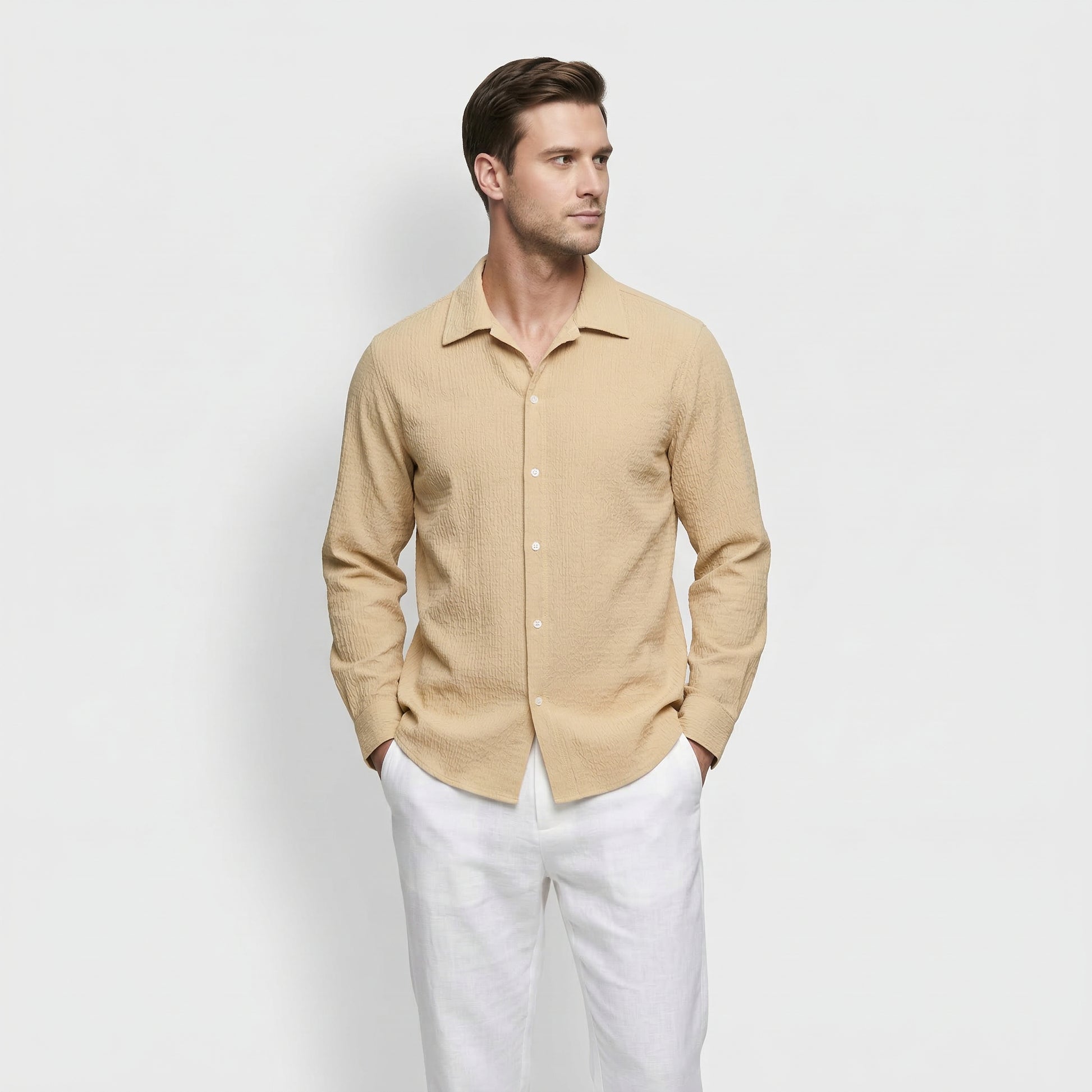 Men's Textured Long-Sleeved Button-Down Shirt