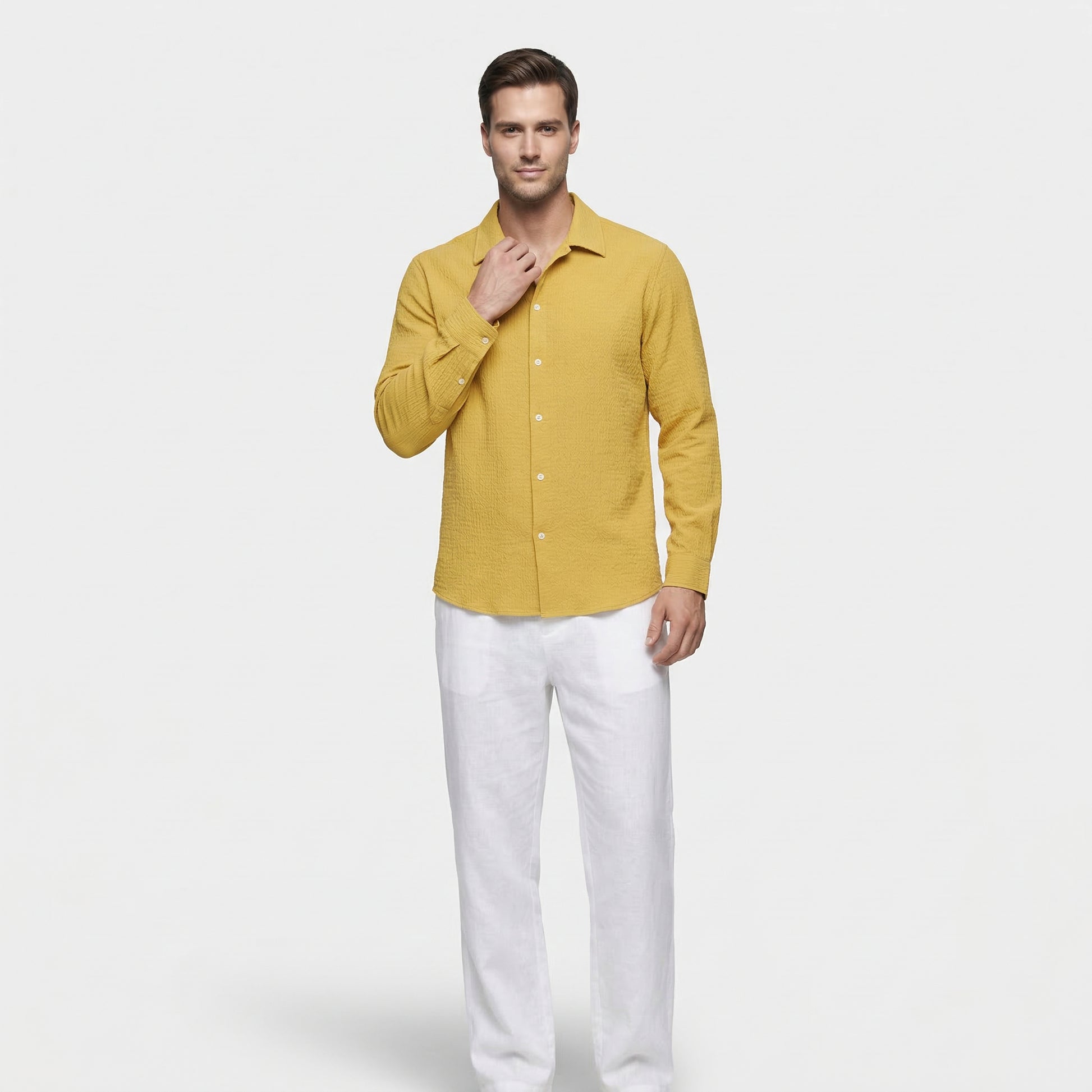 Men's Textured Long-Sleeved Button-Down Shirt