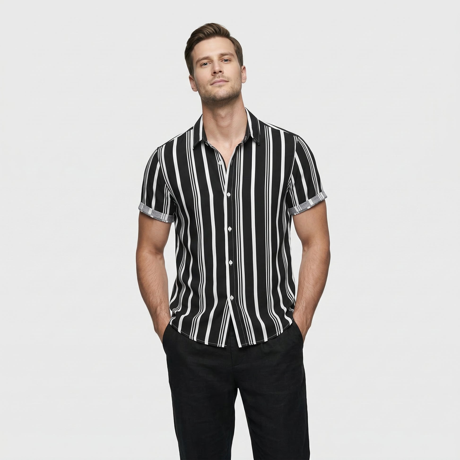 Men's Short Sleeve Striped Button-Down Shirt