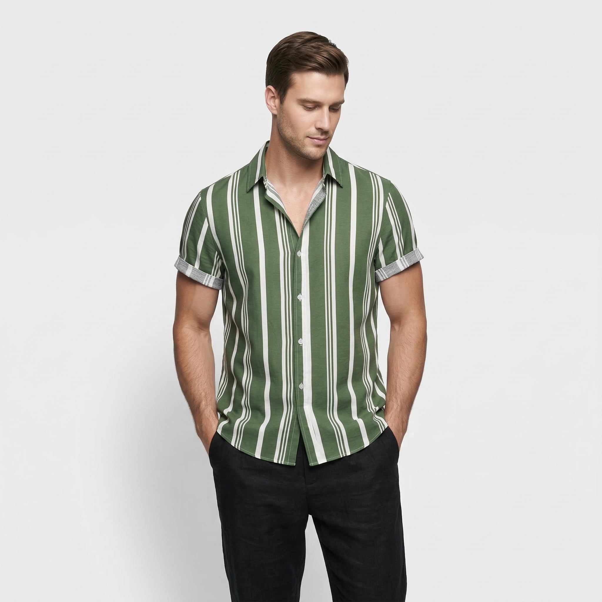 Chemise Homme à Rayures Verticales Manches Courtes Boutonnée