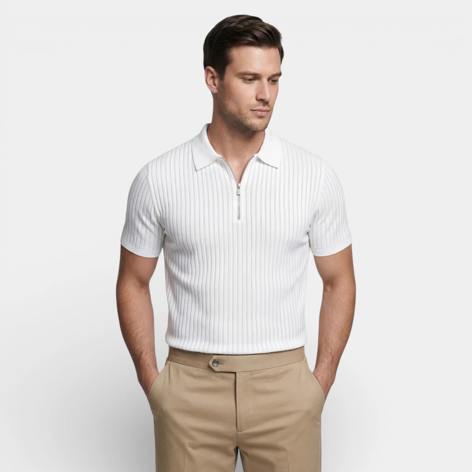 Polo Homme Texturé à Zip Col Structuré Manches Courtes Coupe Classique