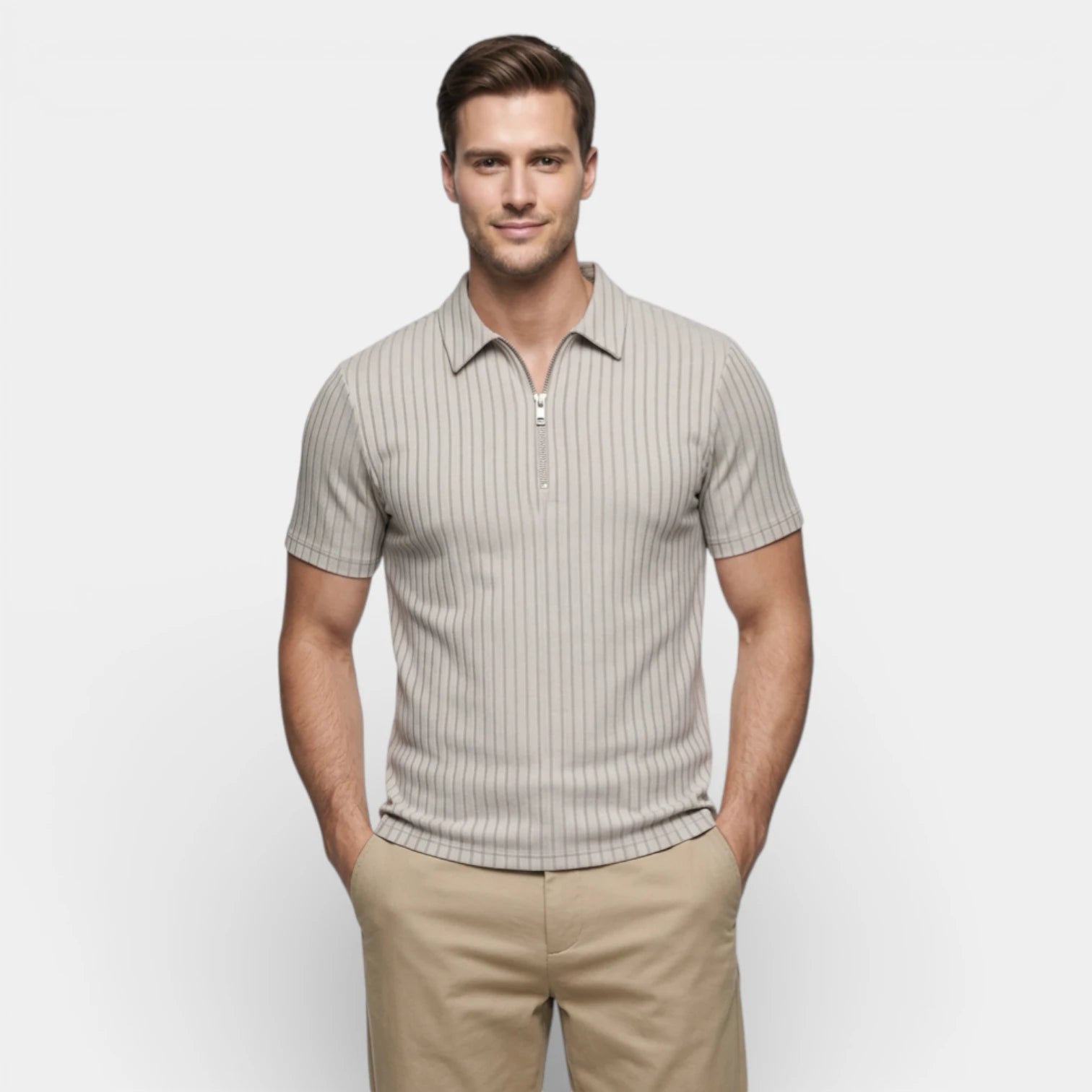 Polo Homme Texturé à Zip Col Structuré Manches Courtes Coupe Classique