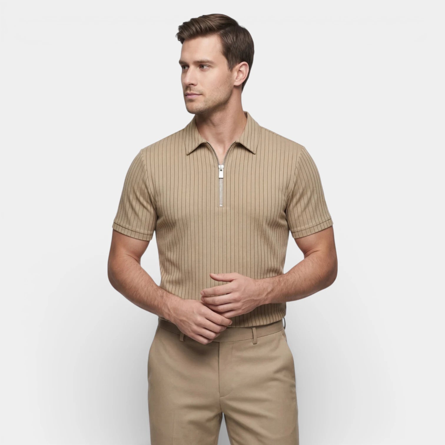 Polo Homme Texturé à Zip Col Structuré Manches Courtes Coupe Classique