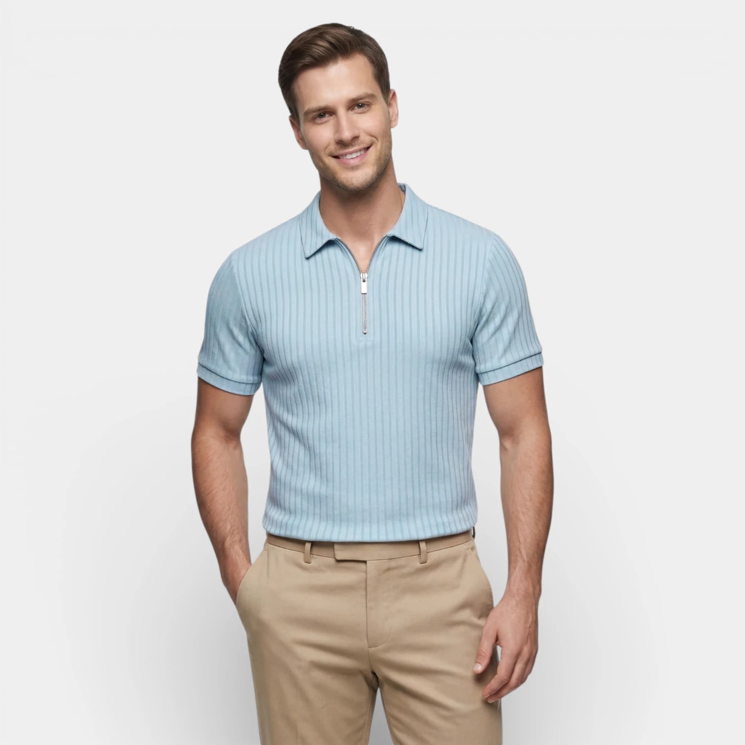 Polo Homme Texturé à Zip Col Structuré Manches Courtes Coupe Classique