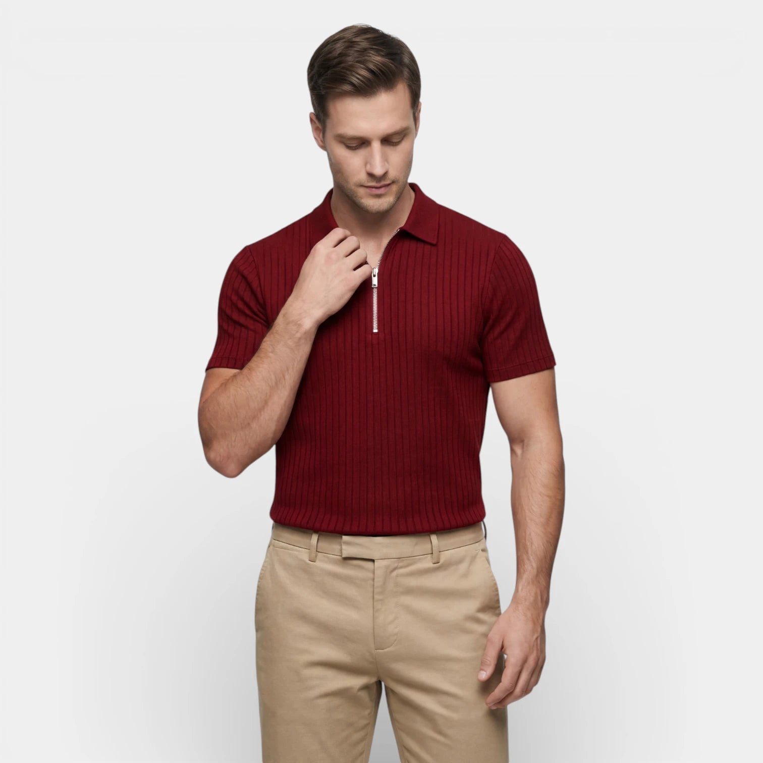 Polo Homme Texturé à Zip Col Structuré Manches Courtes Coupe Classique