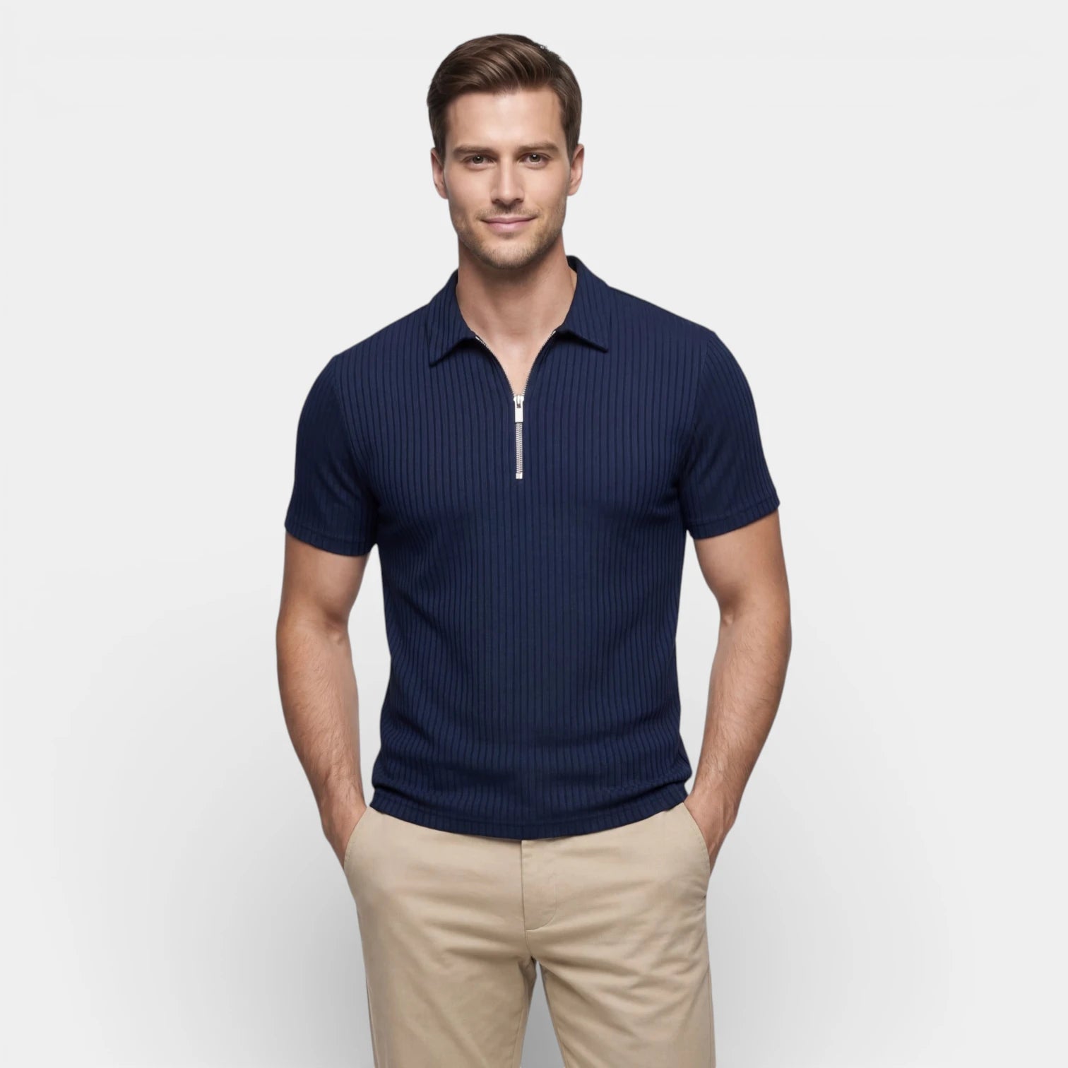 Polo Homme Texturé à Zip Col Structuré Manches Courtes Coupe Classique