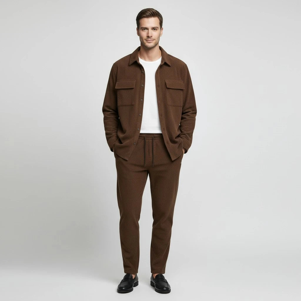 Ensemble Homme Chemise Boutonnée et Pantalon à Cordon Texture Côtelée