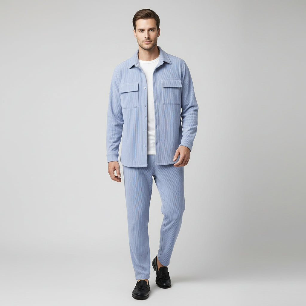 Ensemble Homme Chemise Boutonnée et Pantalon à Cordon Texture Côtelée