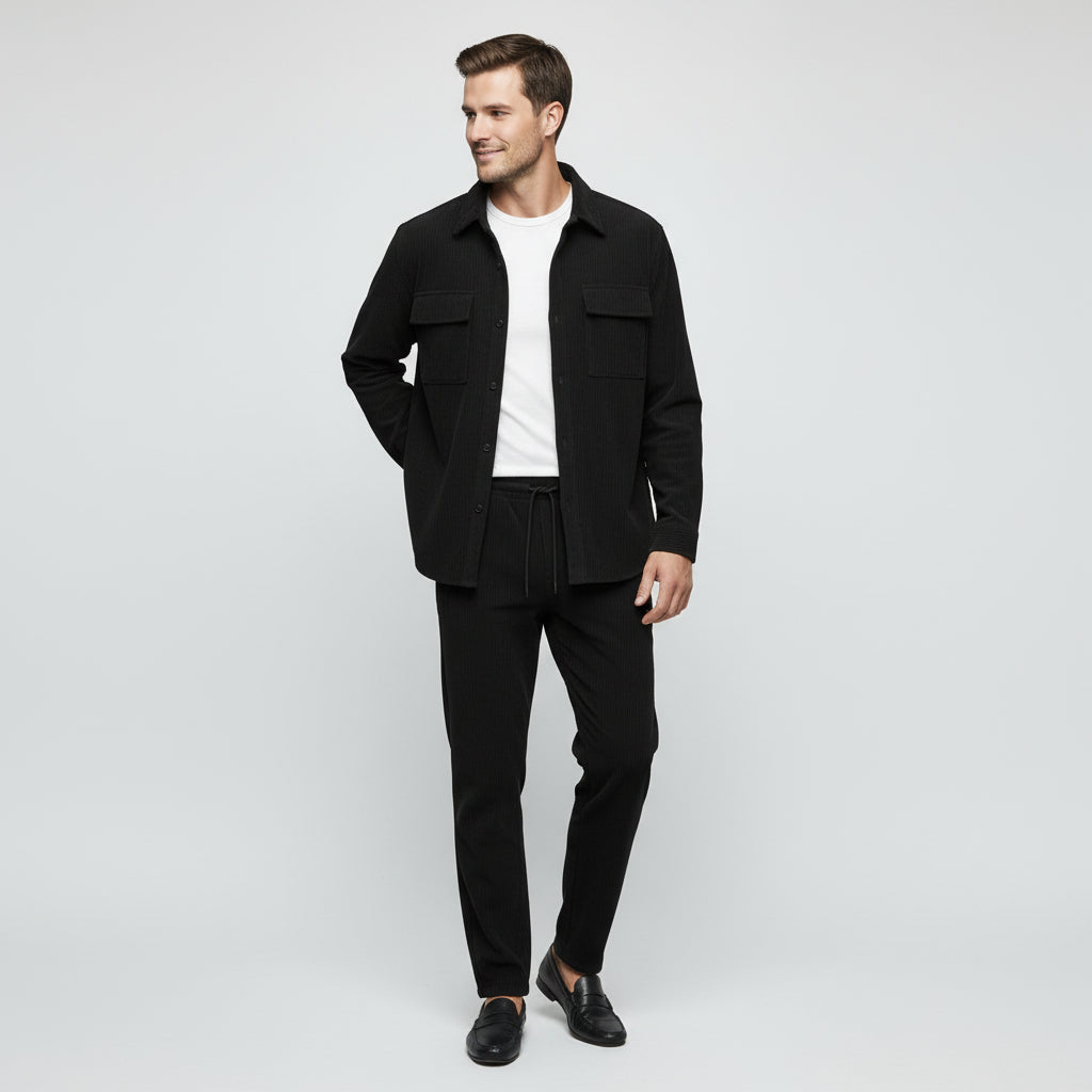 Ensemble Homme Chemise Boutonnée et Pantalon à Cordon Texture Côtelée