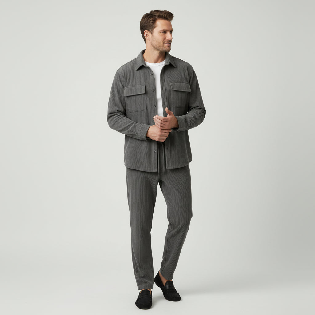 Ensemble Homme Chemise Boutonnée et Pantalon à Cordon Texture Côtelée