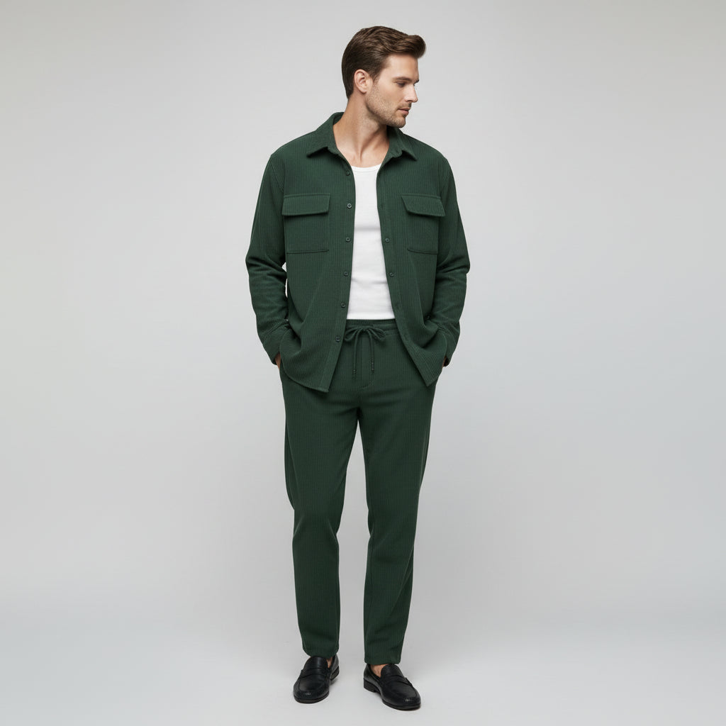 Ensemble Homme Chemise Boutonnée et Pantalon à Cordon Texture Côtelée
