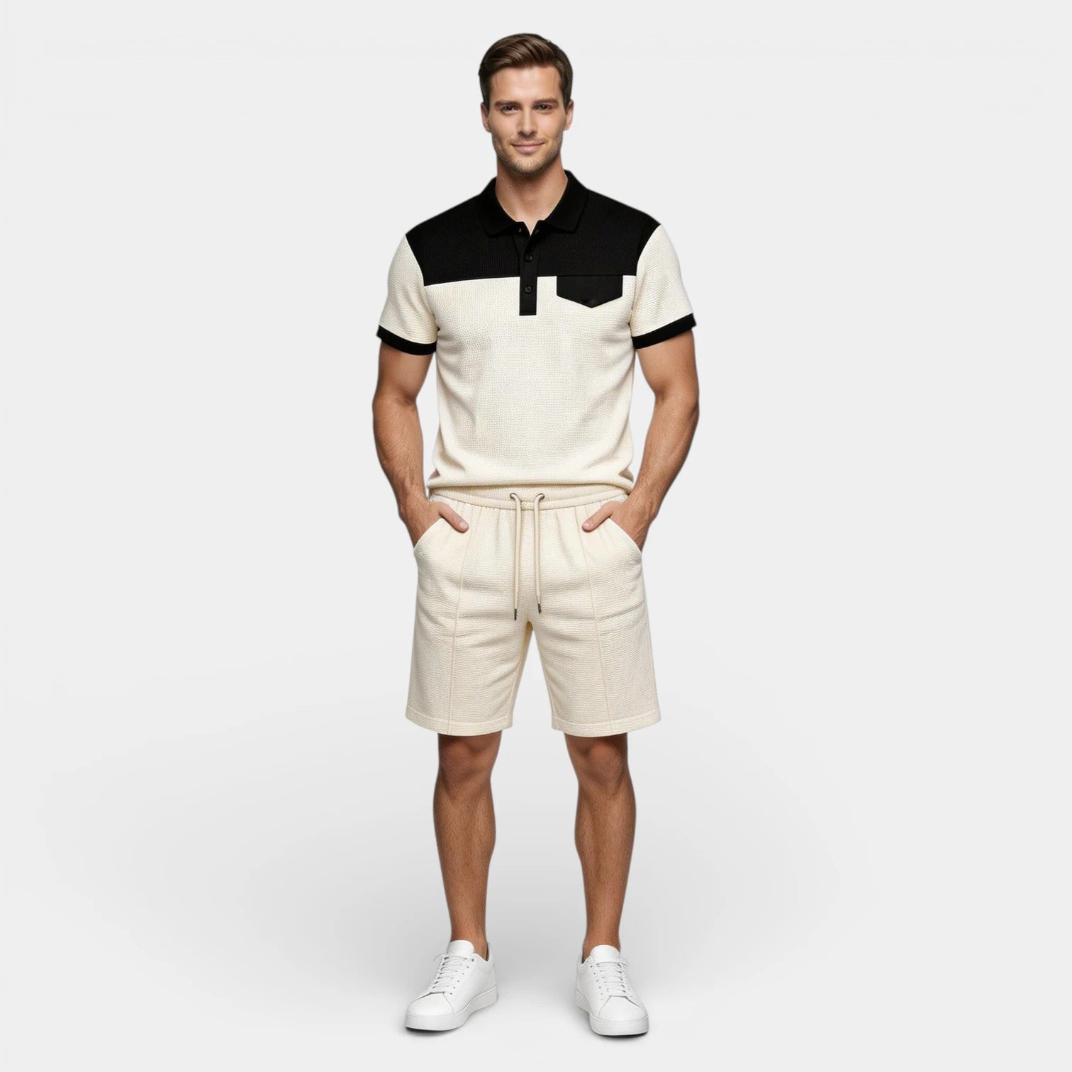 Ensemble Homme Polo Texture Gaufre et Short à Cordon Coupe Régulière