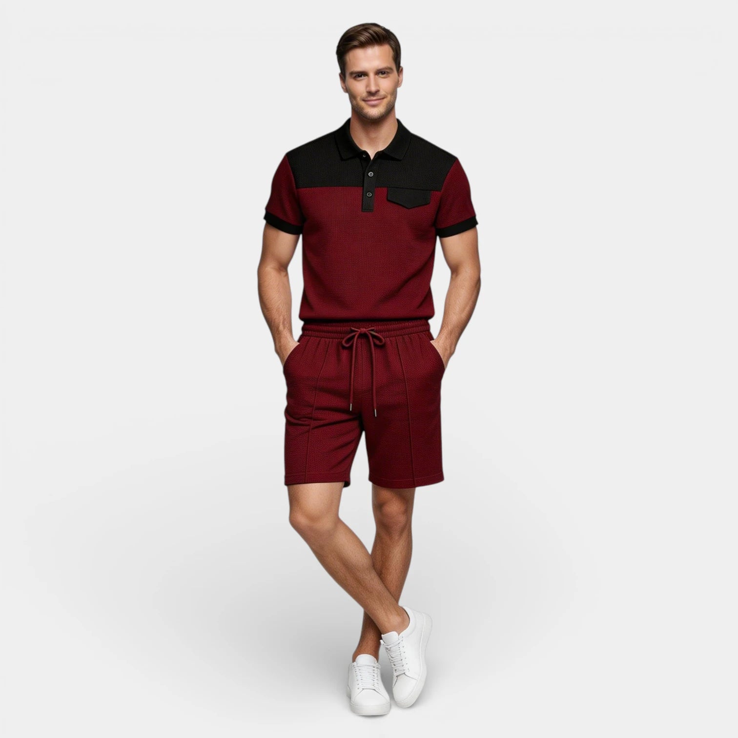 Ensemble Homme Polo Texture Gaufre et Short à Cordon Coupe Régulière