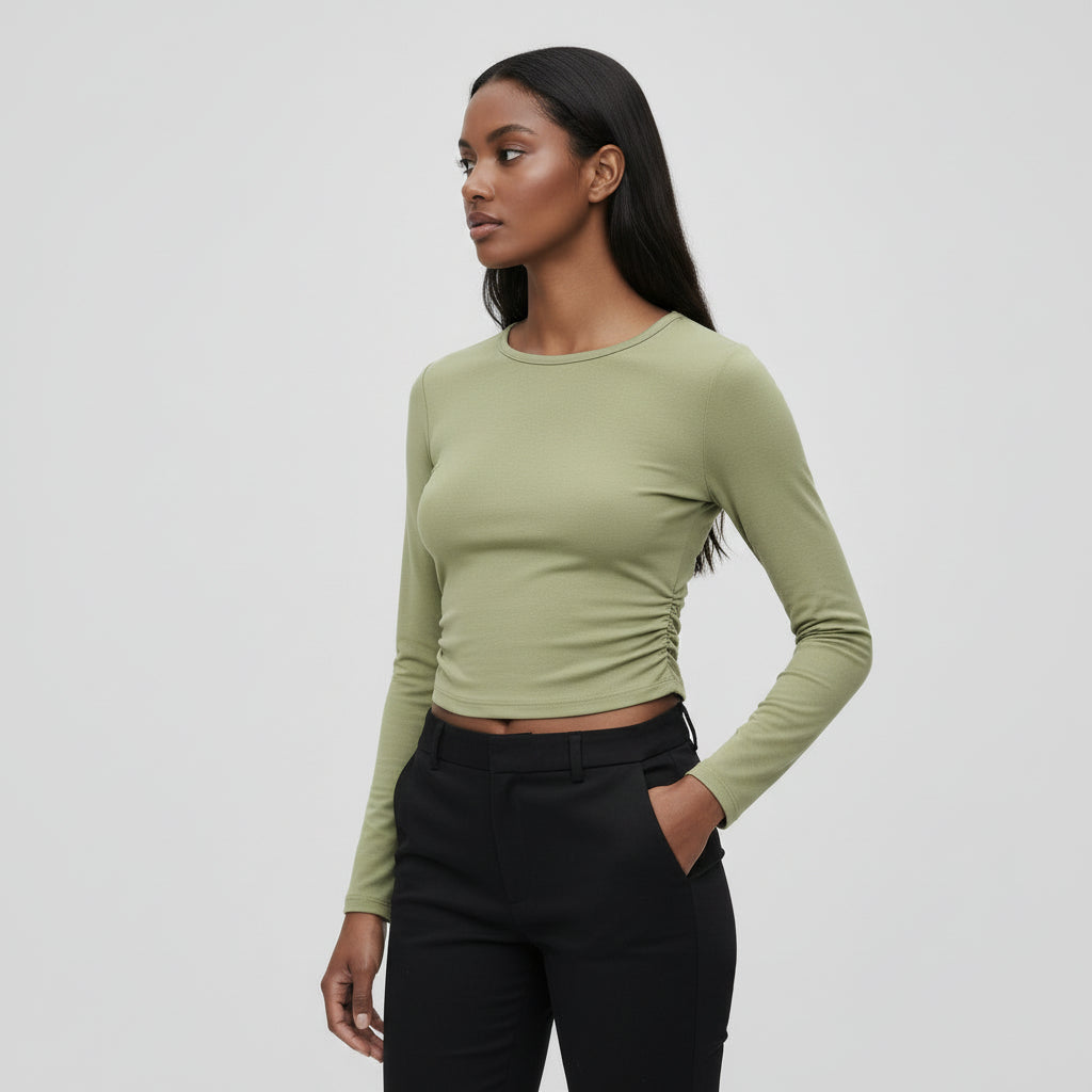 Top Court Femme Manches Longues – Taille Froncée Coupe Ajustée