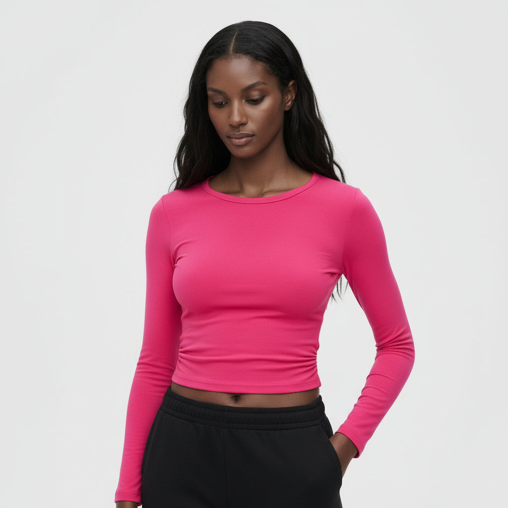 Top Court Femme Manches Longues – Taille Froncée Coupe Ajustée