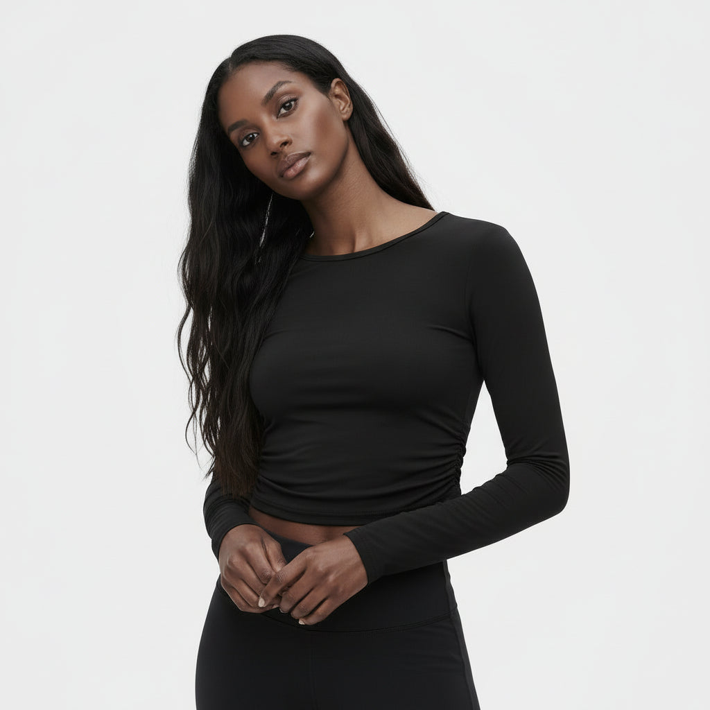 Top Court Femme Manches Longues – Taille Froncée Coupe Ajustée