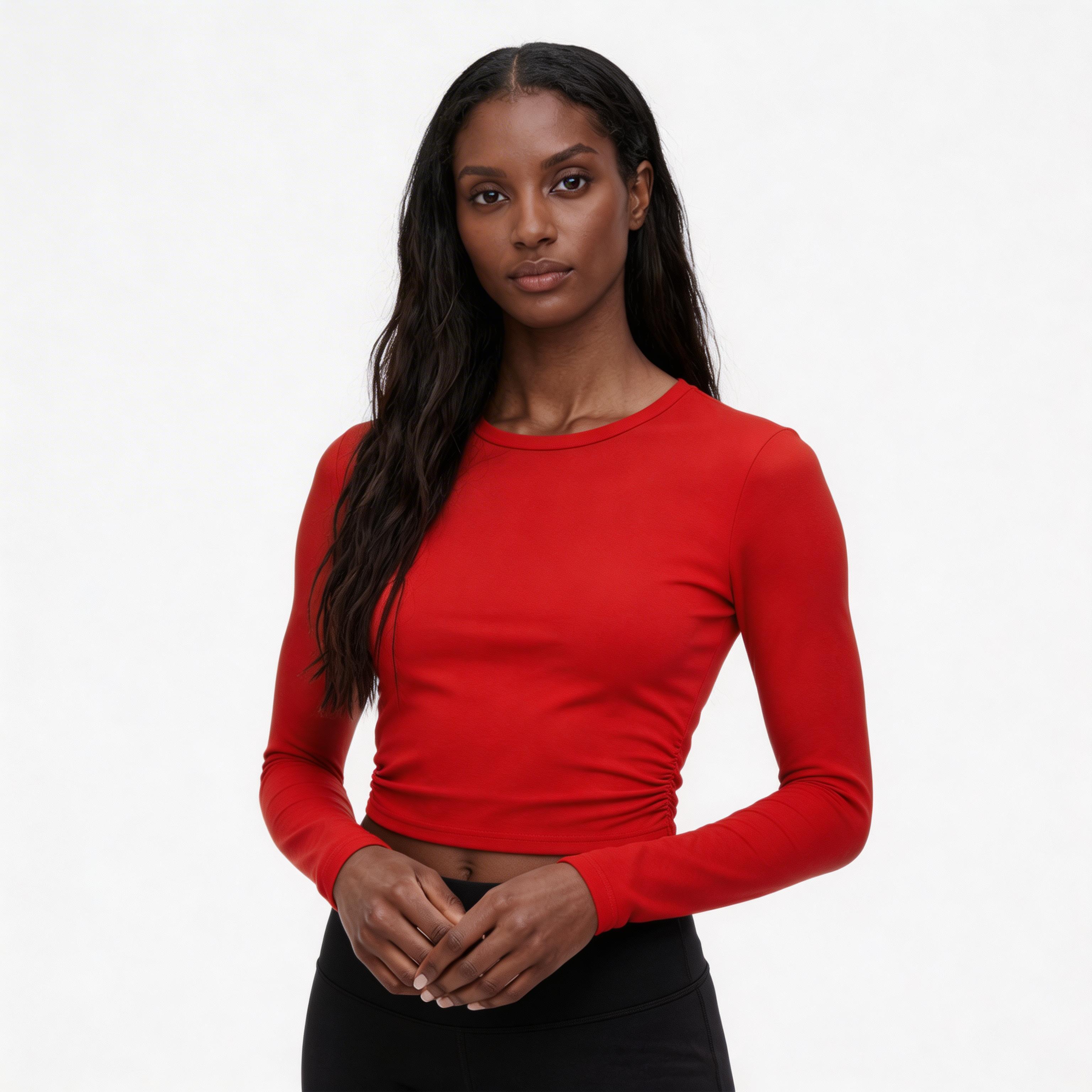 Top Court Femme Manches Longues – Taille Froncée Coupe Ajustée