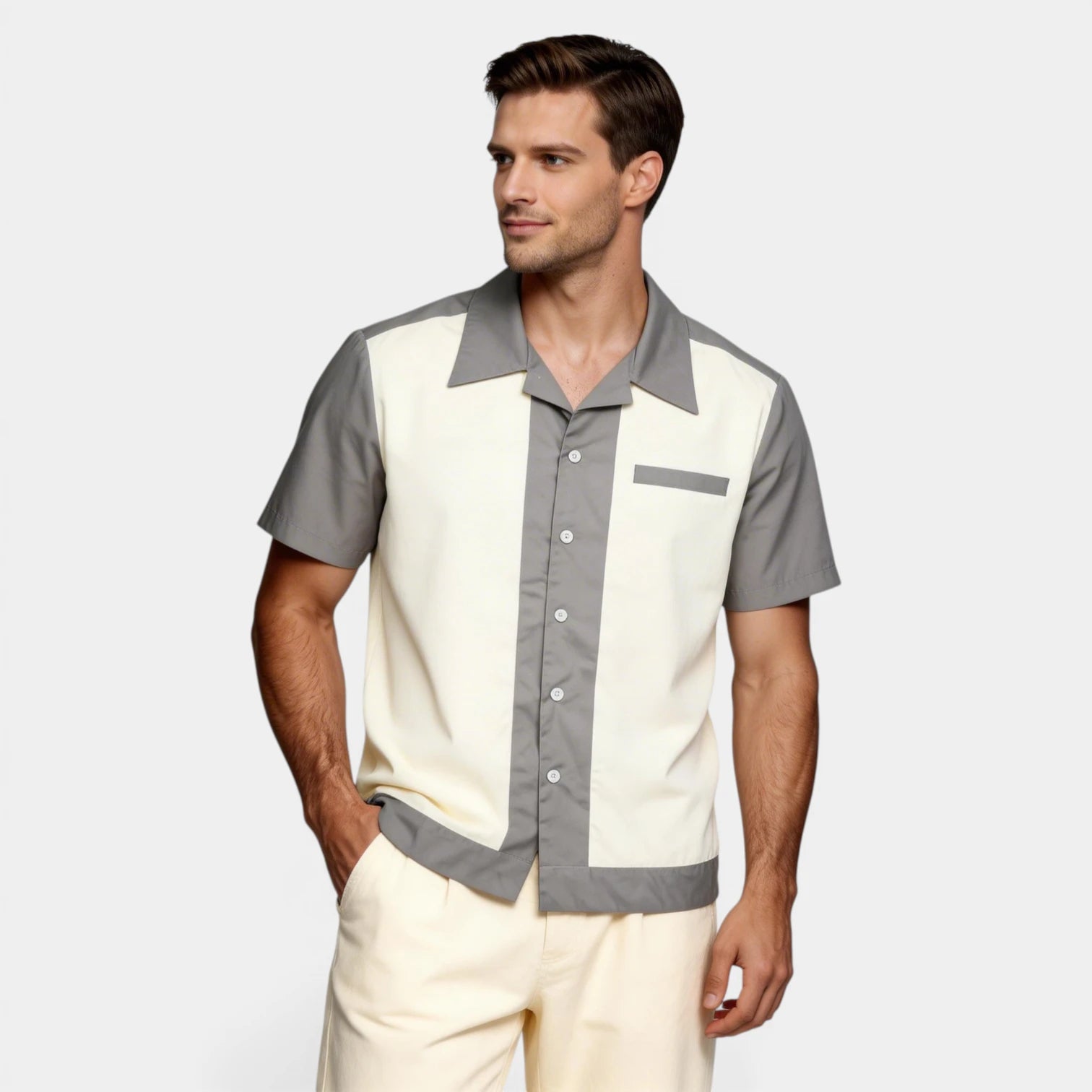 Men's Short-Sleeve Button-Up Camp Collar Shirt
