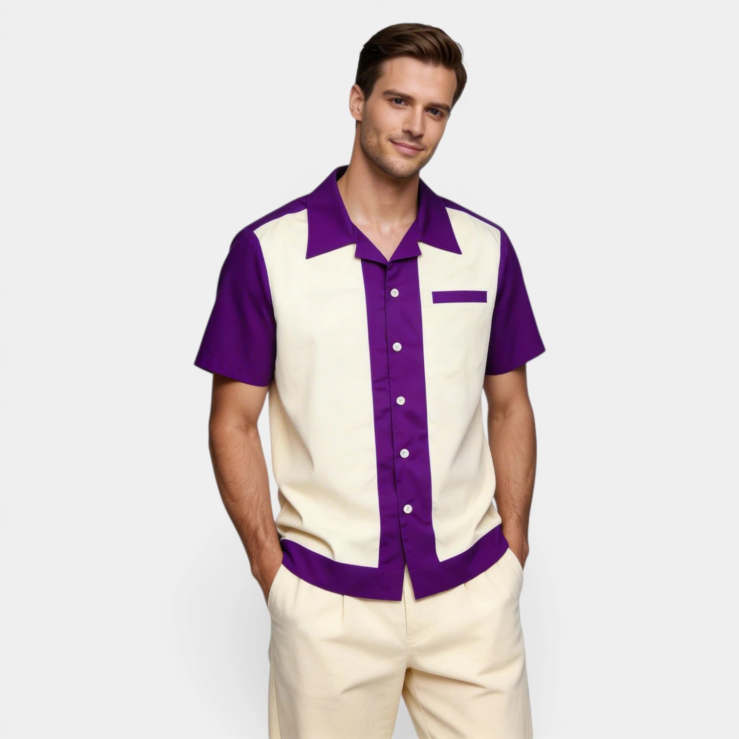 Men's Short-Sleeve Button-Up Camp Collar Shirt