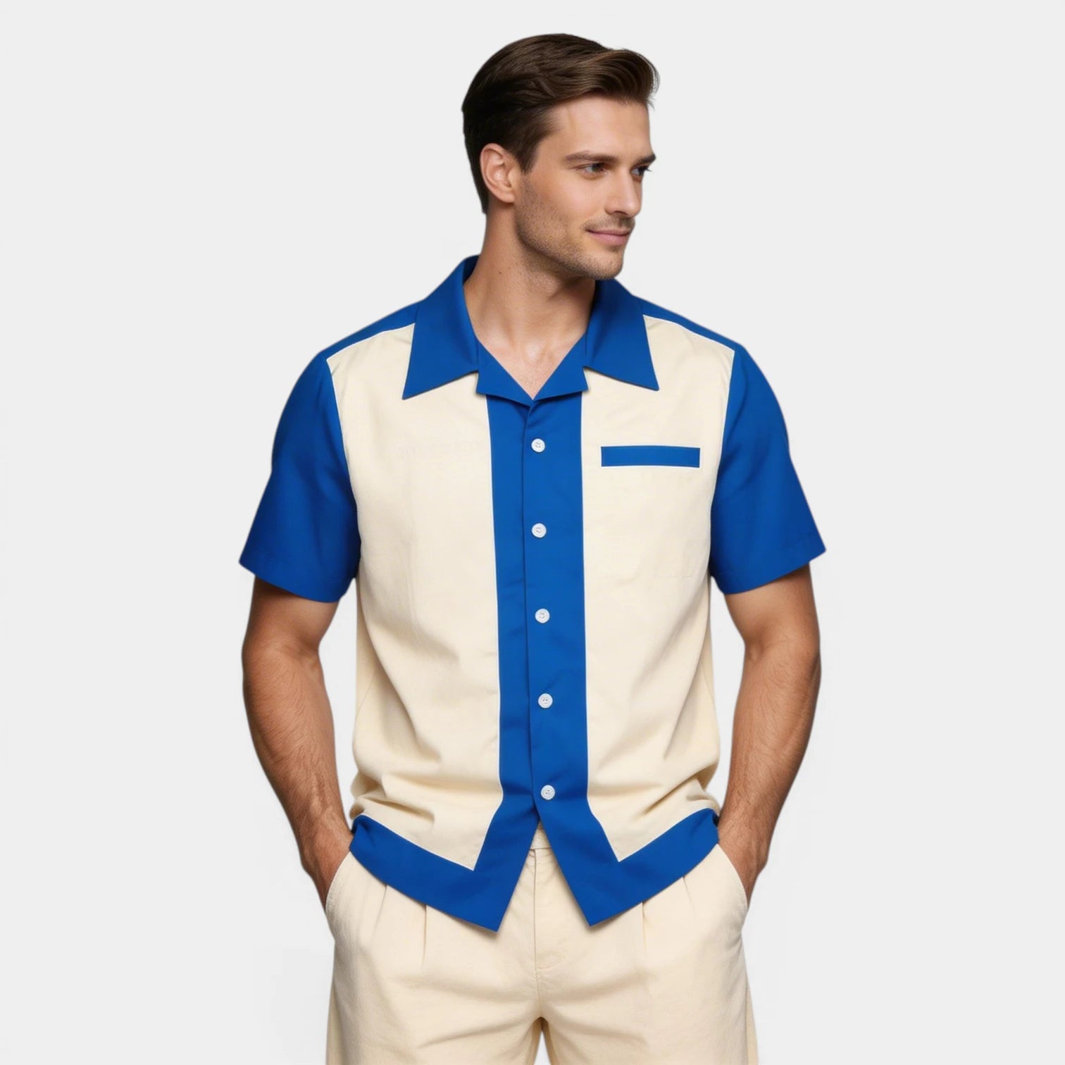 Men's Short-Sleeve Button-Up Camp Collar Shirt