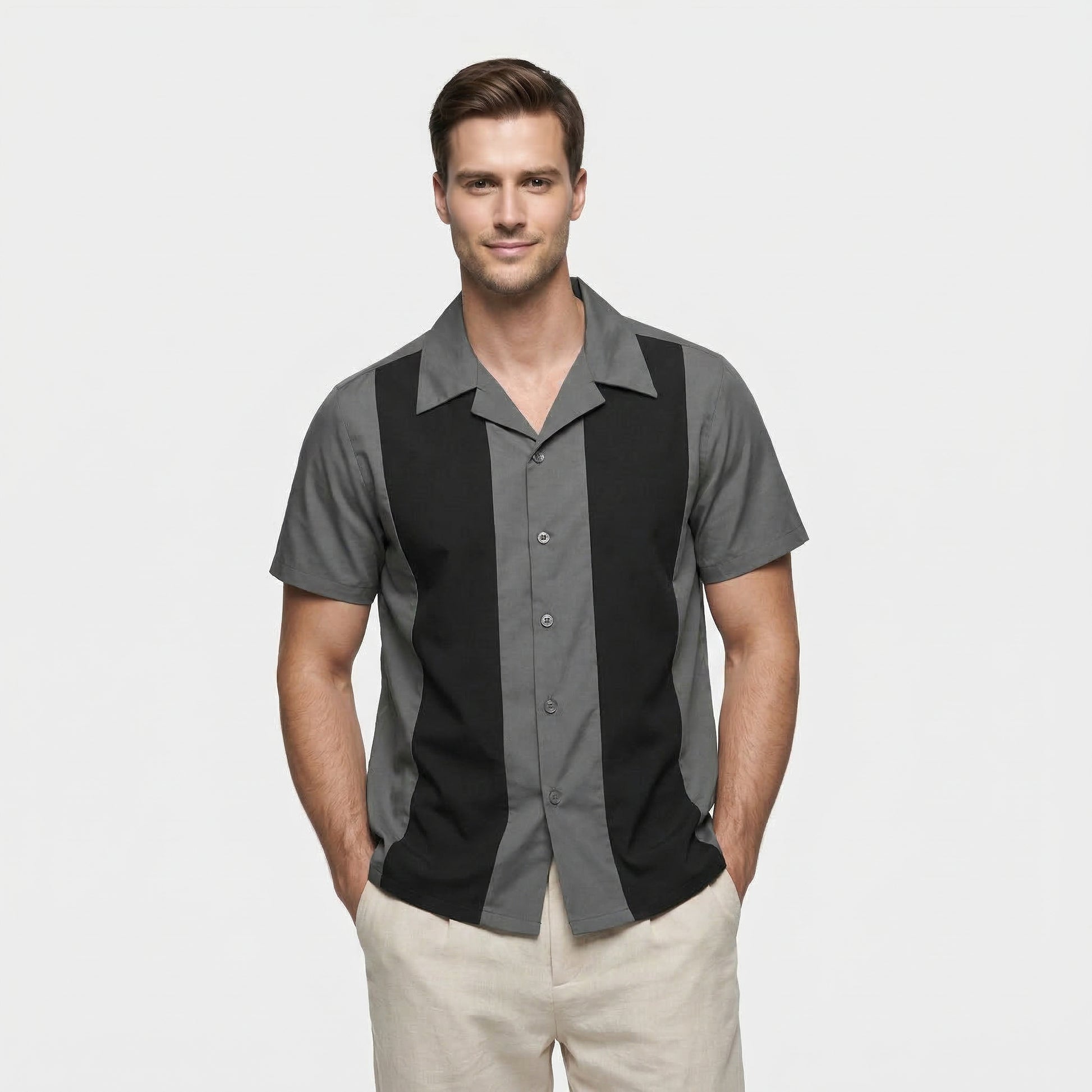 Chemise Homme Manches Courtes Boutonnée à Rayures Verticales Col Camp
