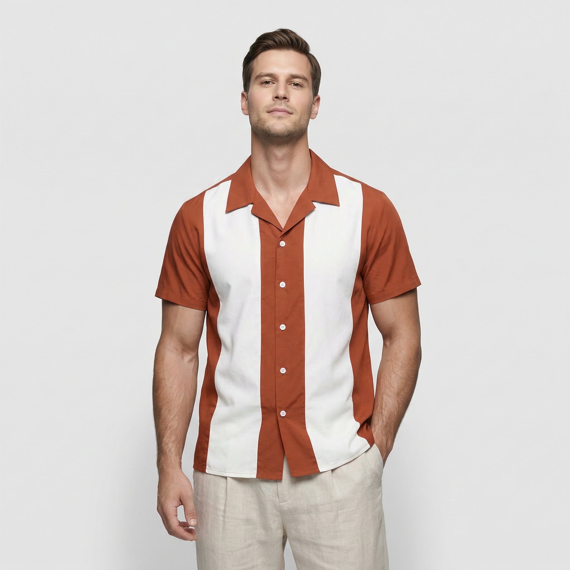 Chemise Homme Manches Courtes Boutonnée à Rayures Verticales Col Camp