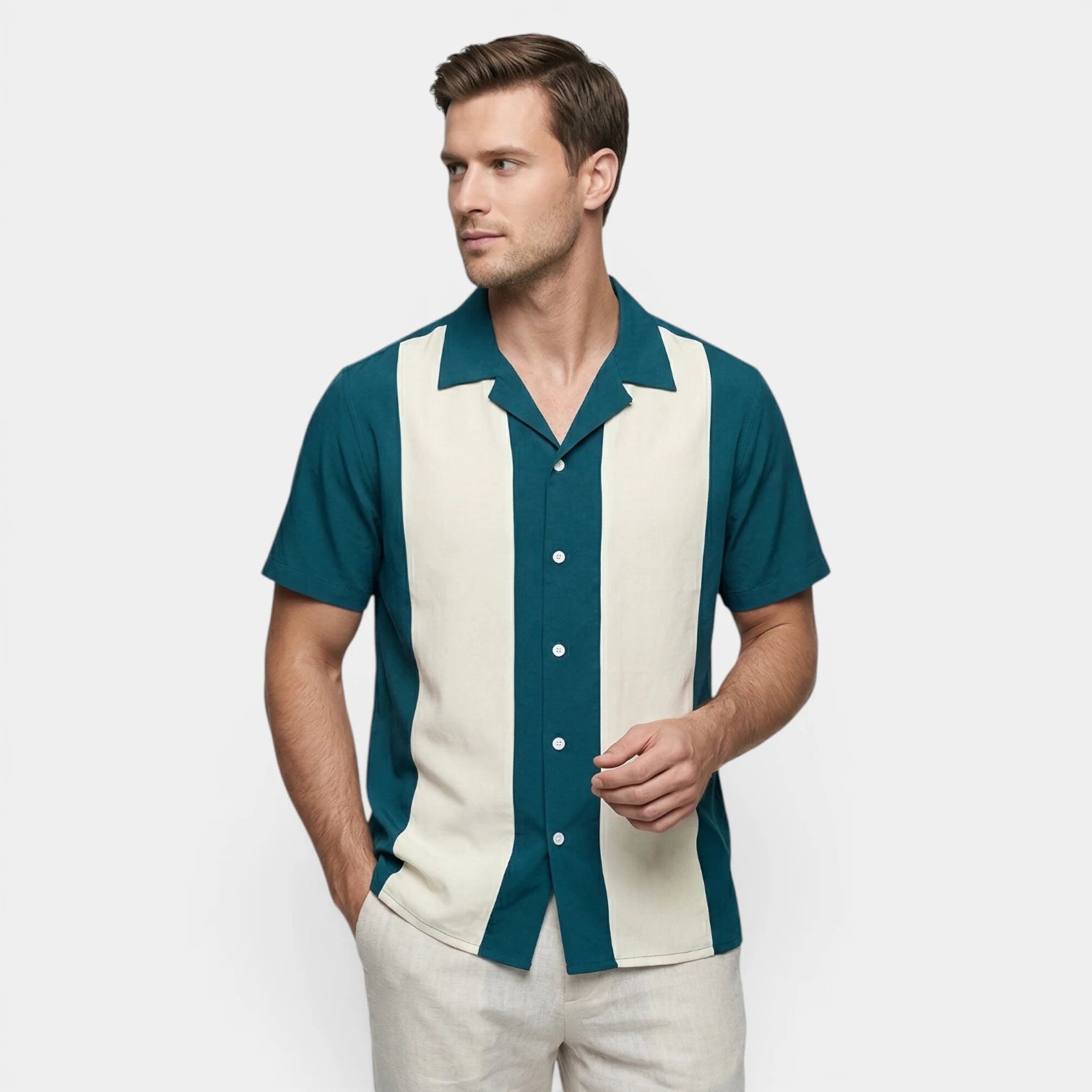 Chemise Homme Manches Courtes Boutonnée à Rayures Verticales Col Camp