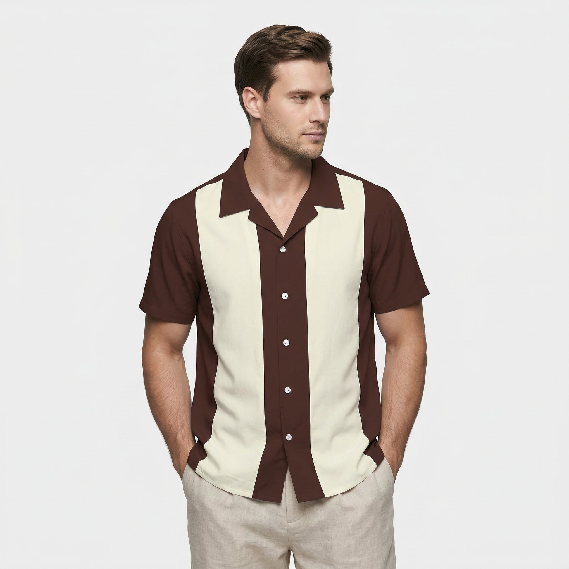 Chemise Homme Manches Courtes Boutonnée à Rayures Verticales Col Camp