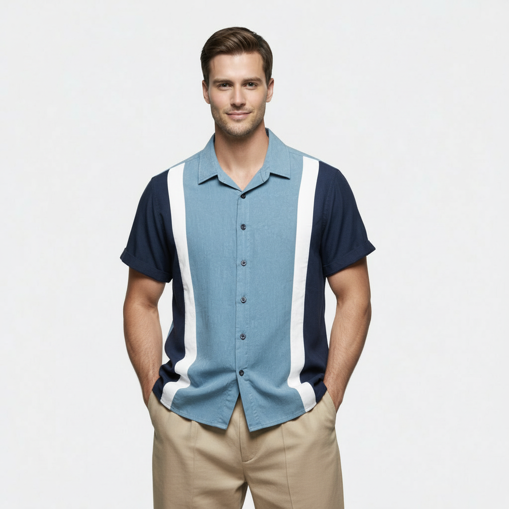 Chemise Homme Manches Courtes Boutonnée Col Camp Coupe Régulière