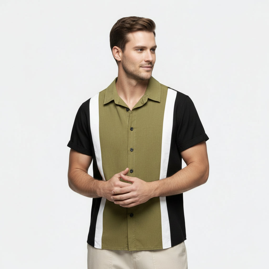 Chemise Homme Manches Courtes Boutonnée Col Camp Coupe Régulière
