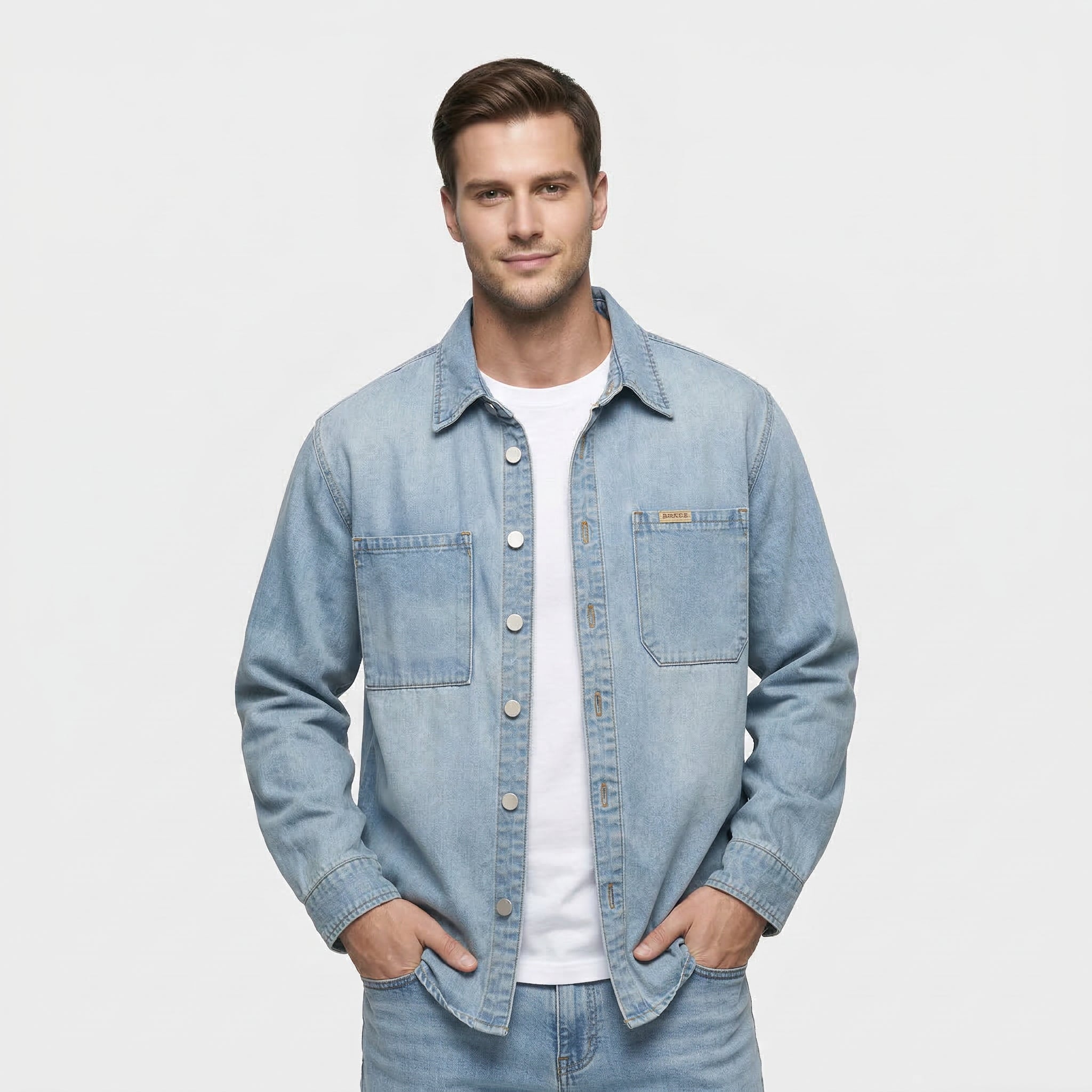 Men's Button-Down Denim Shirt with Chest Pockets and Washed Finish