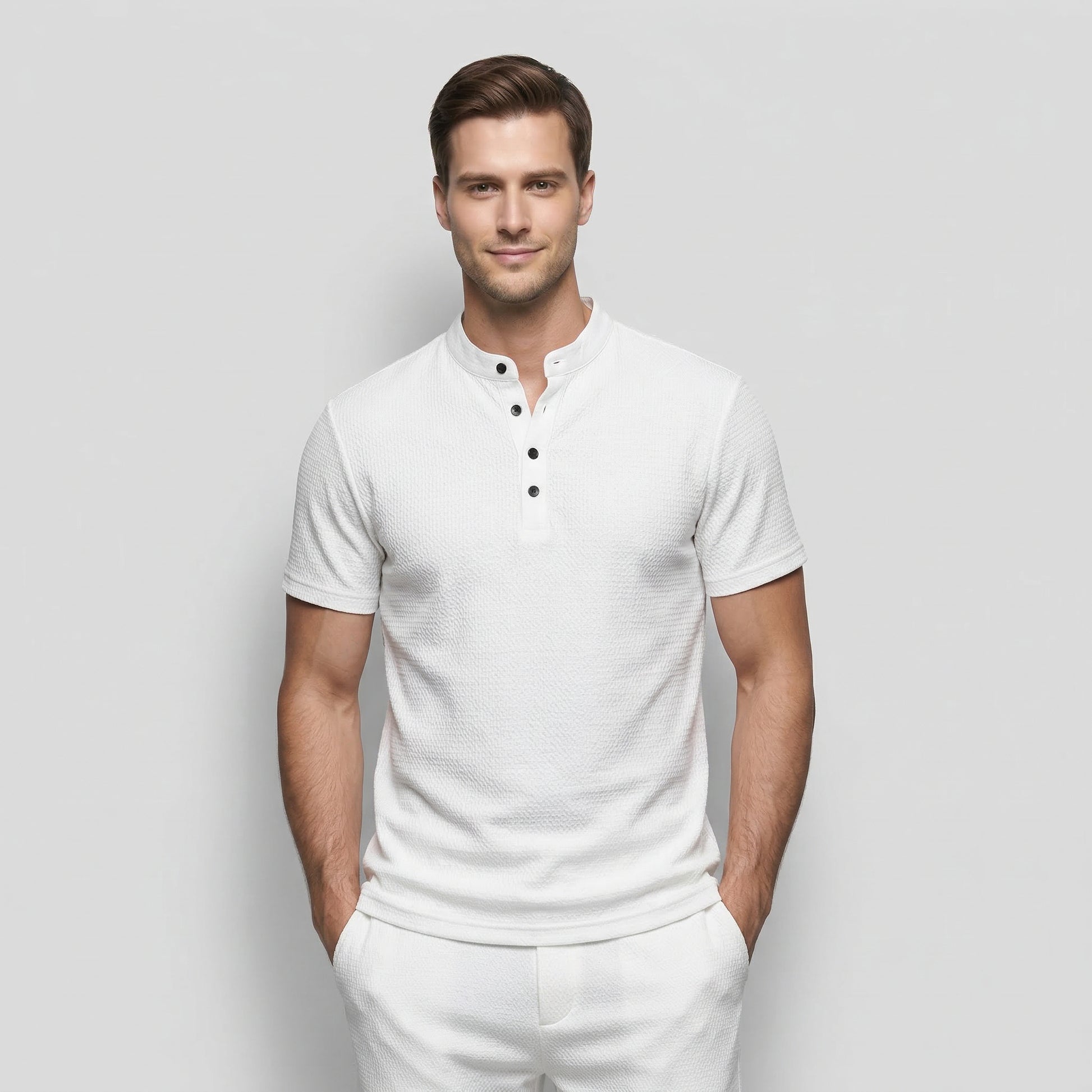 T-shirt Henley Homme Manches Courtes Col Officier Texture Structurée