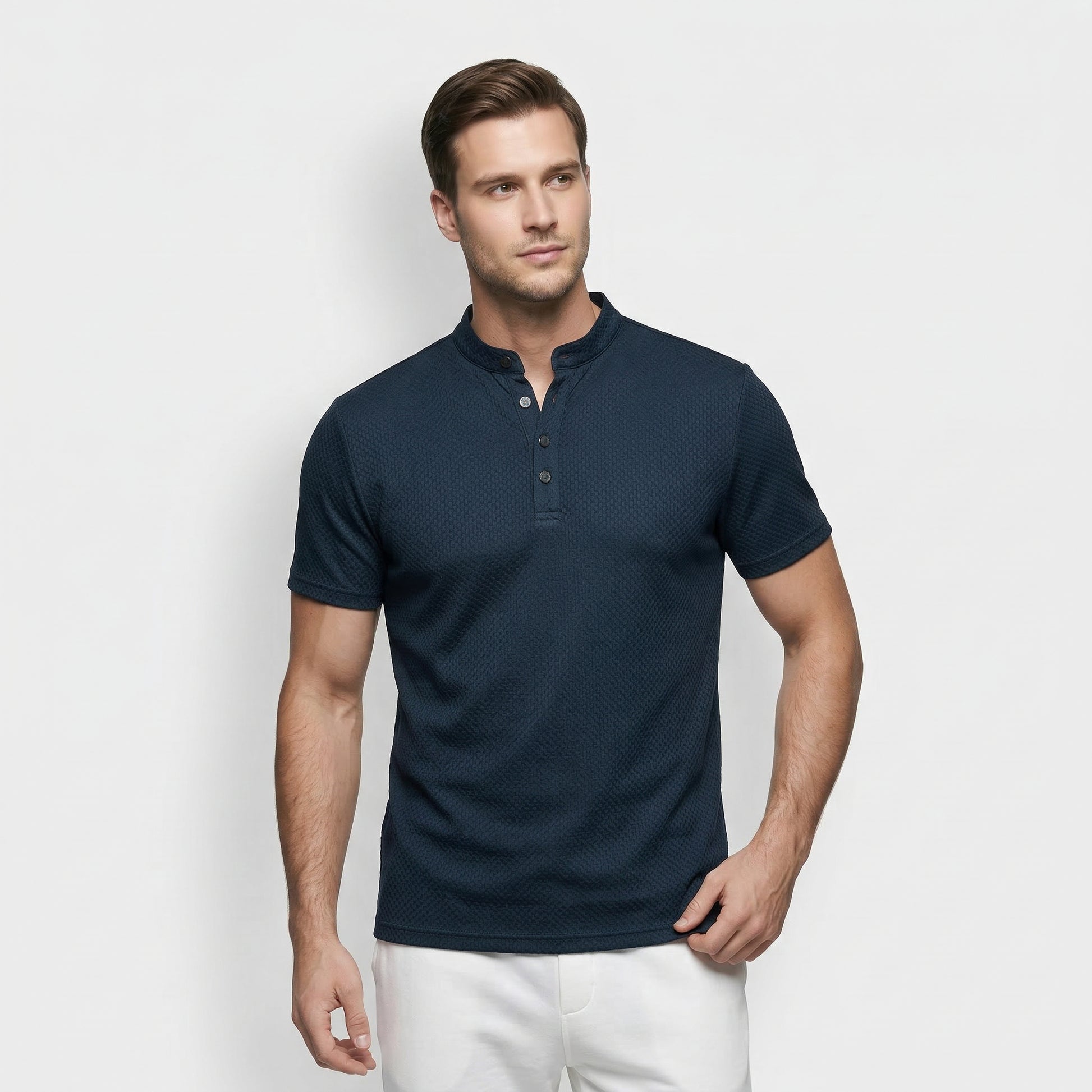 T-shirt Henley Homme Manches Courtes Col Officier Texture Structurée