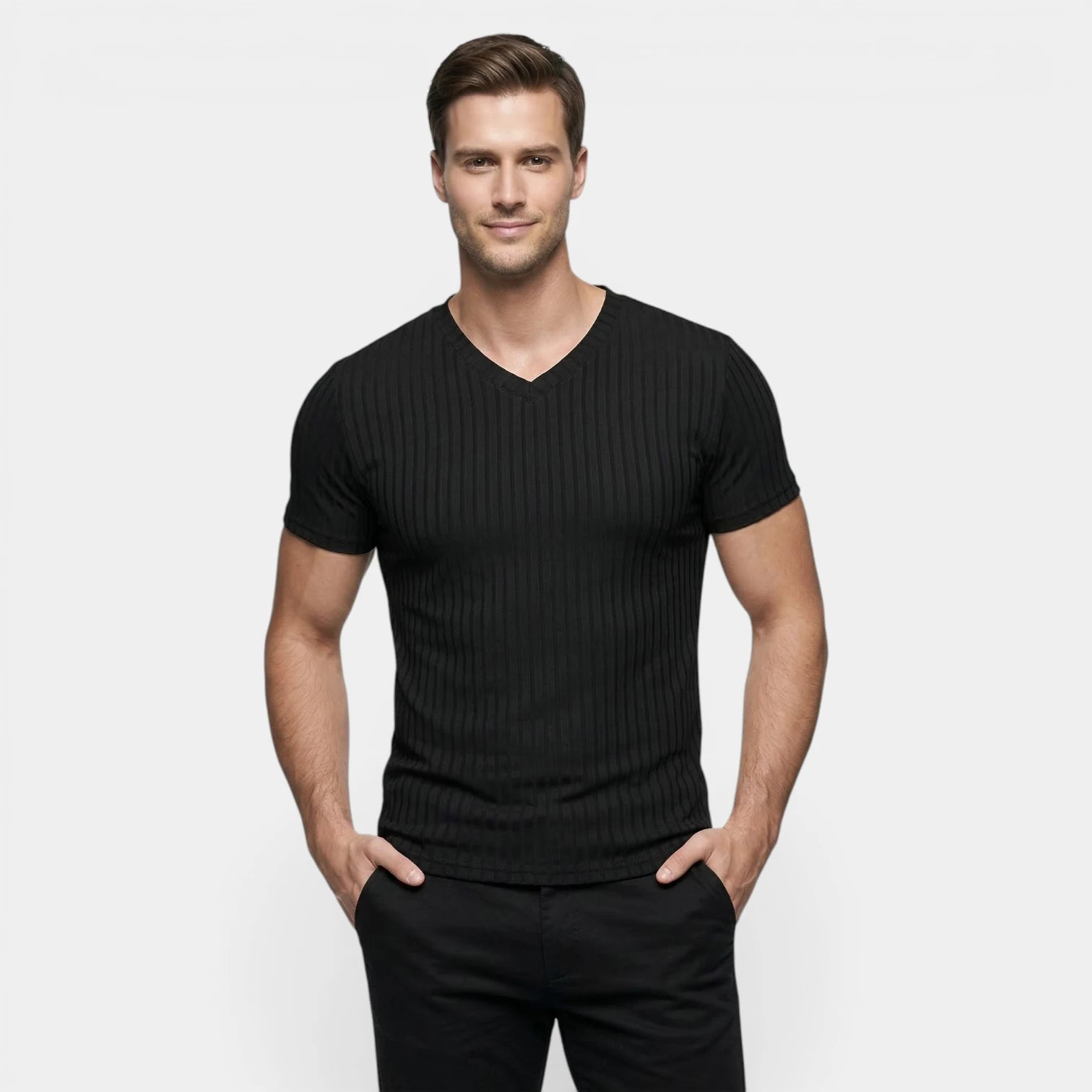 T-shirt Homme Côtelé Col V Manches Courtes Coupe Ajustée Maille Texturée