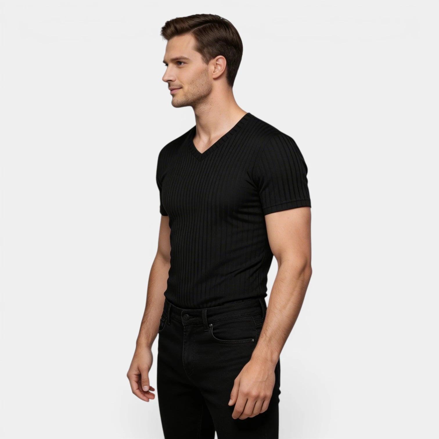 T-shirt Homme Côtelé Col V Manches Courtes Coupe Ajustée Maille Texturée