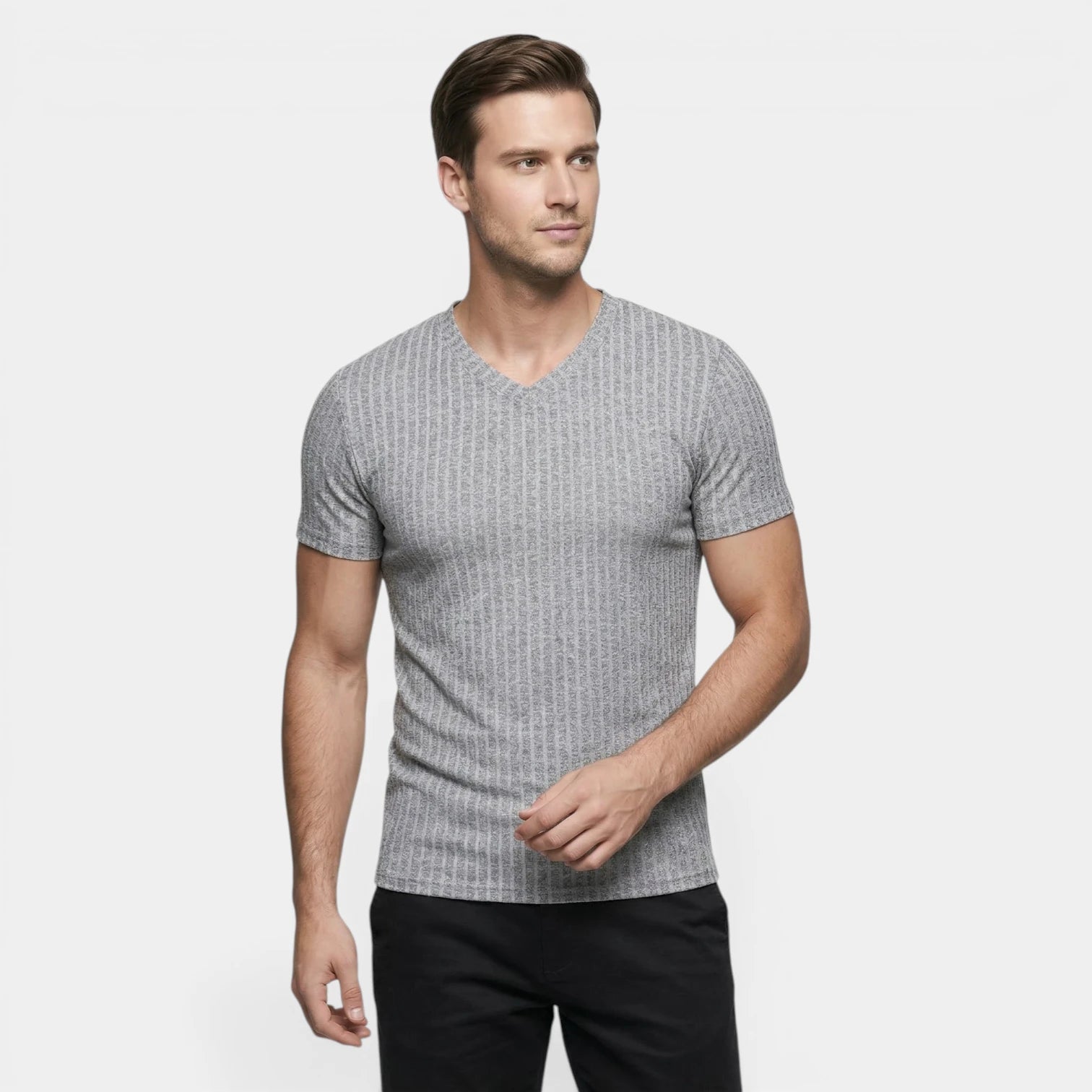 T-shirt Homme Côtelé Col V Manches Courtes Coupe Ajustée Maille Texturée