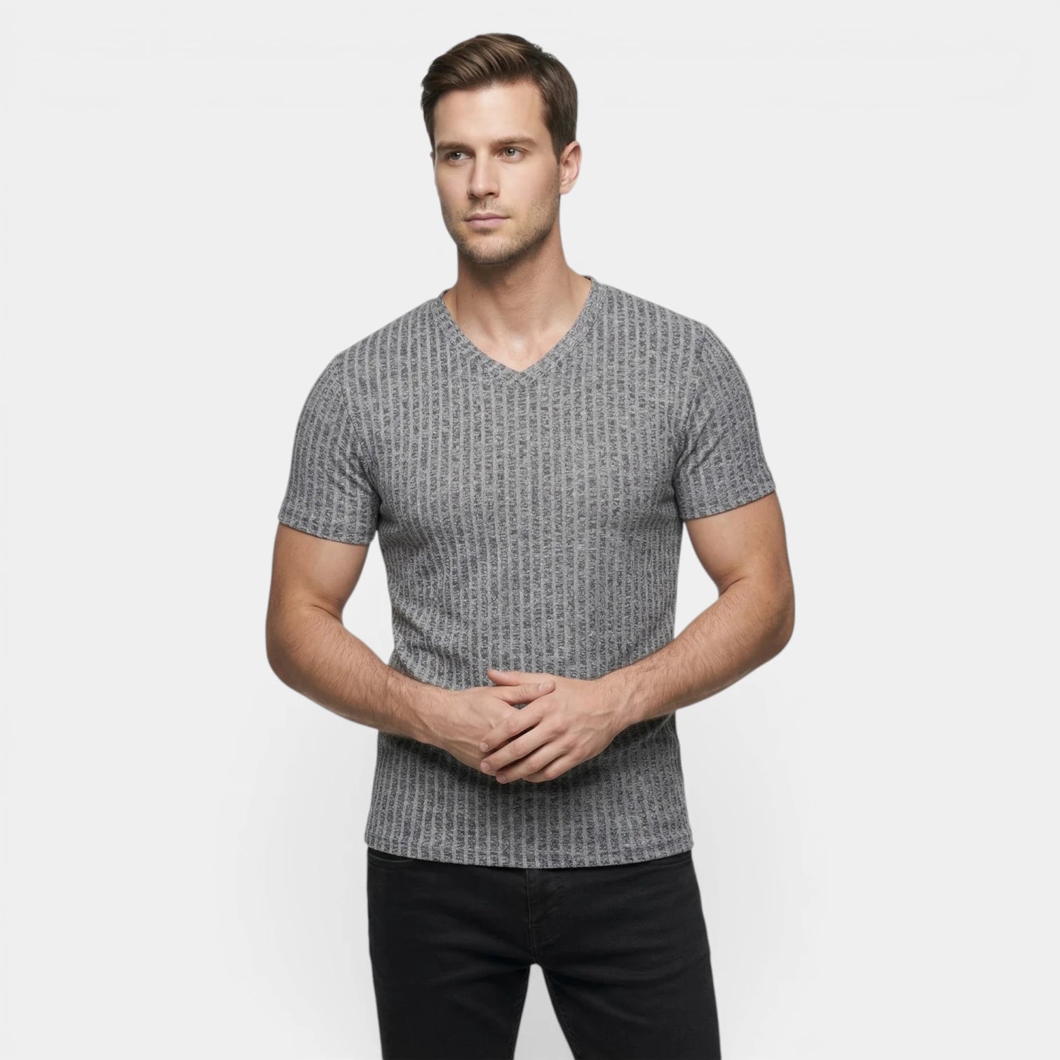 T-shirt Homme Côtelé Col V Manches Courtes Coupe Ajustée Maille Texturée