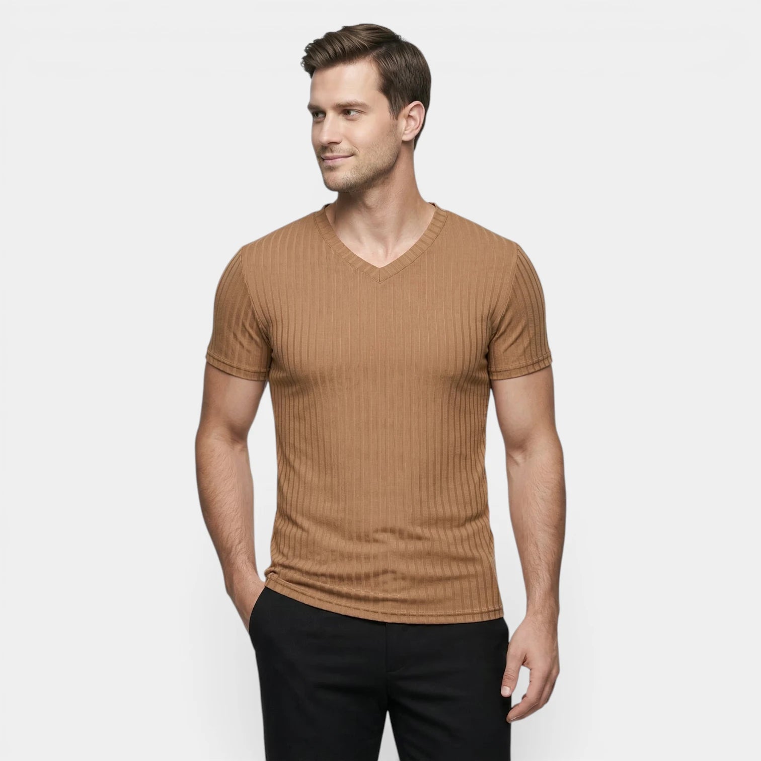 T-shirt Homme Côtelé Col V Manches Courtes Coupe Ajustée Maille Texturée
