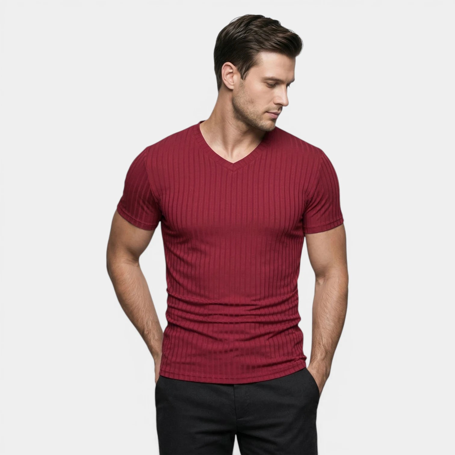 T-shirt Homme Côtelé Col V Manches Courtes Coupe Ajustée Maille Texturée